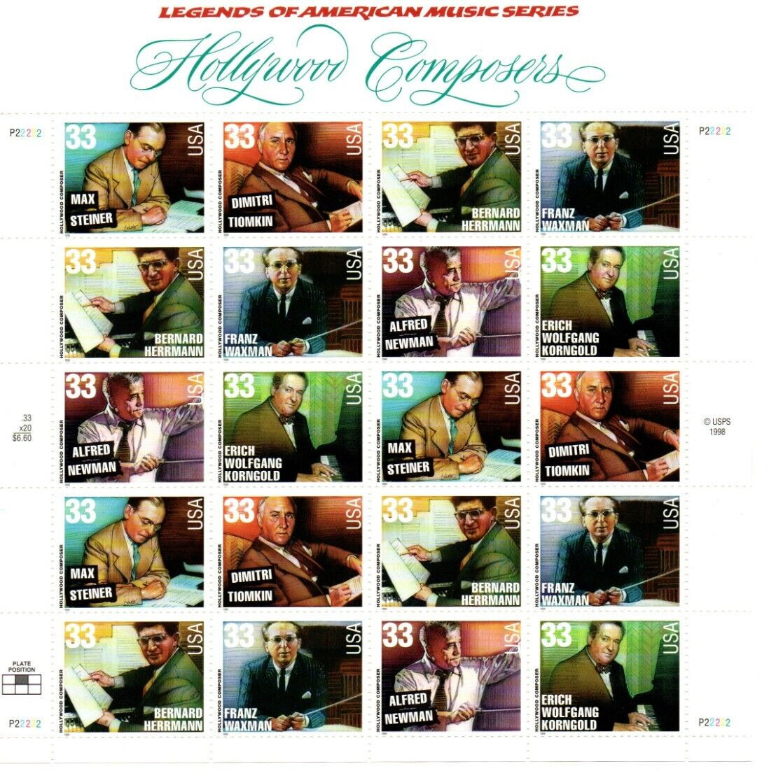 US SCOTT #3339-3344 33 cent Hollywood Composers sheet OF 20 STAMPS