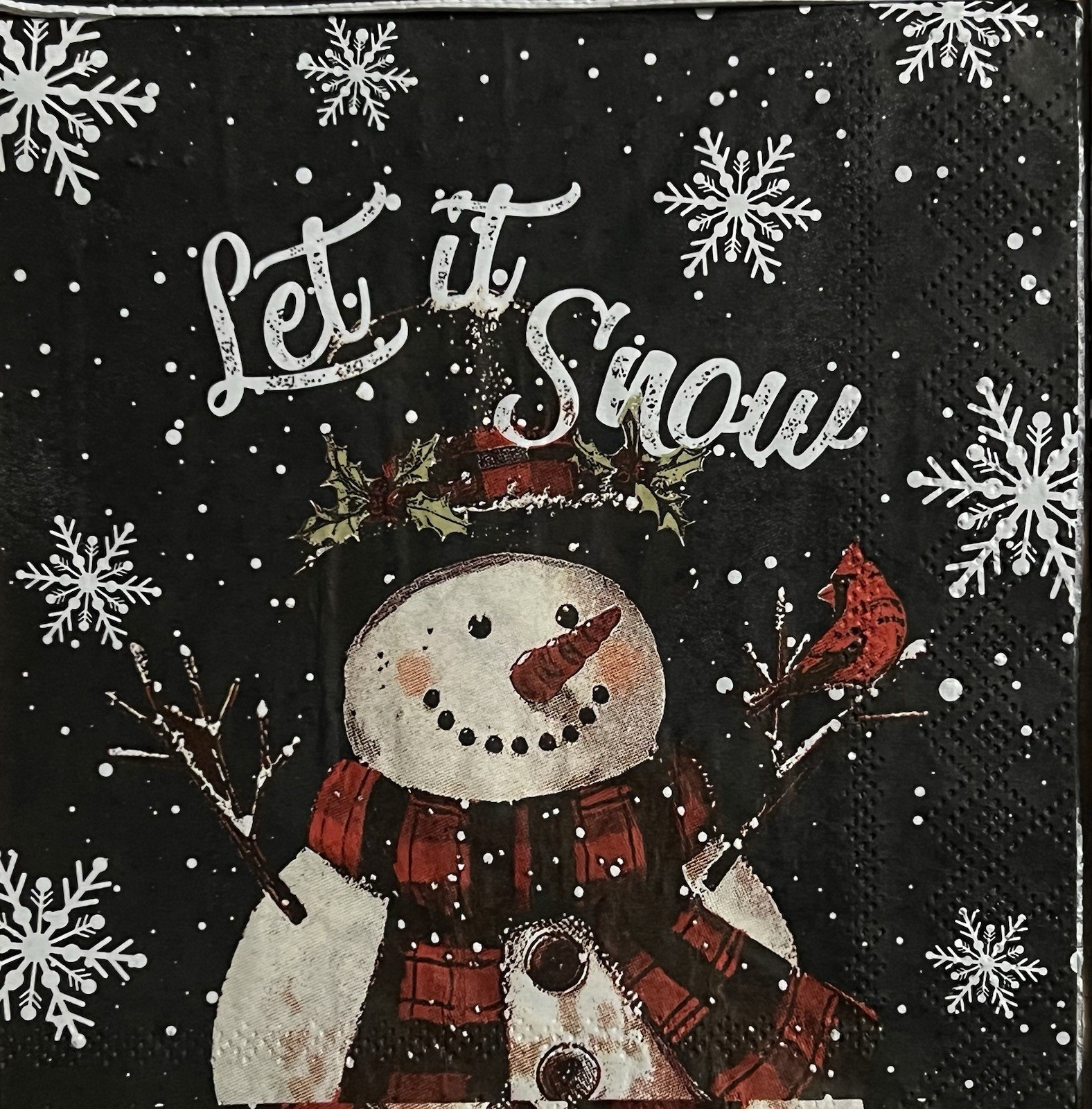 FOUR Beverage Paper Christmas Snowman Snowflakes Decoupage napkins 5”x5”