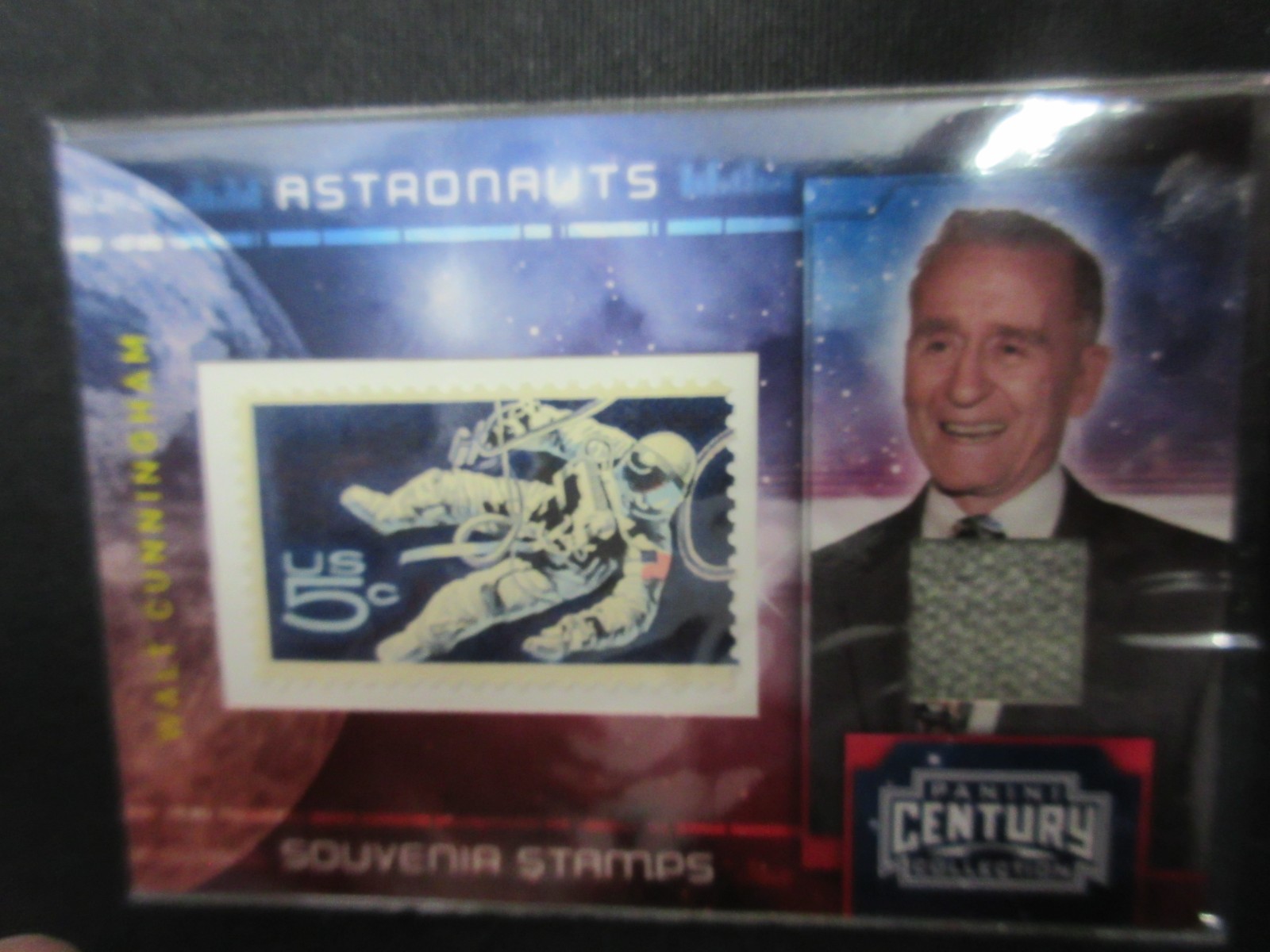 WALT CUNNINGHAM APOLLO 9 2010 PANINI 85c STAMP & WORN RELIC SWATCH CARD, 55/250
