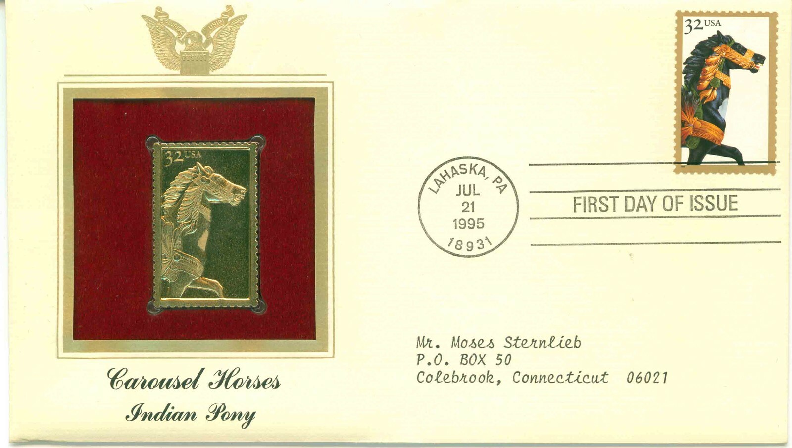 First Day Of Issue Jul 21 95 Lahaska PA 22kt Gold Replica Indian Pony Horse