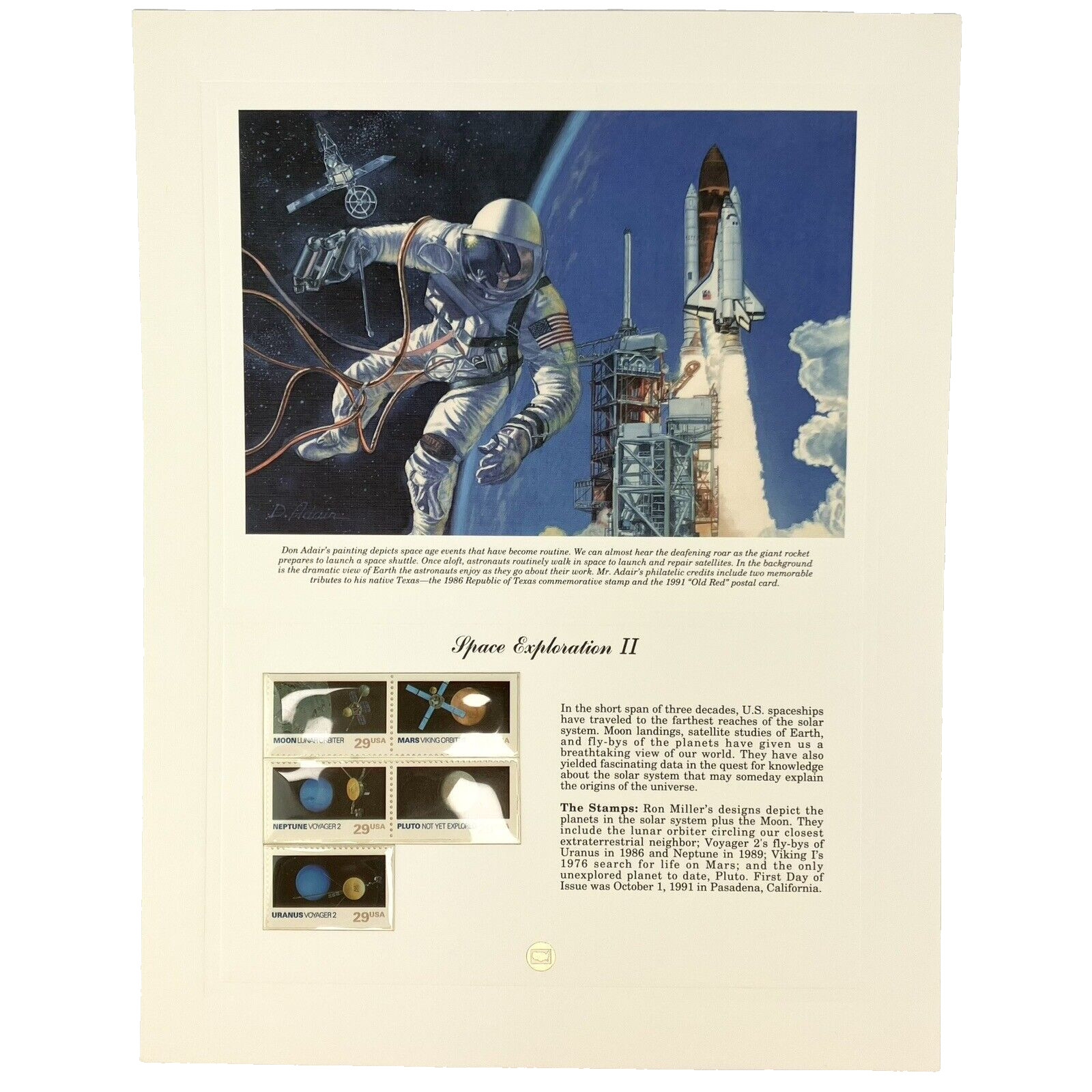 Don Adair Space Exploration Shuttle Postage Stamp Art USPS Farmable Gift 1991