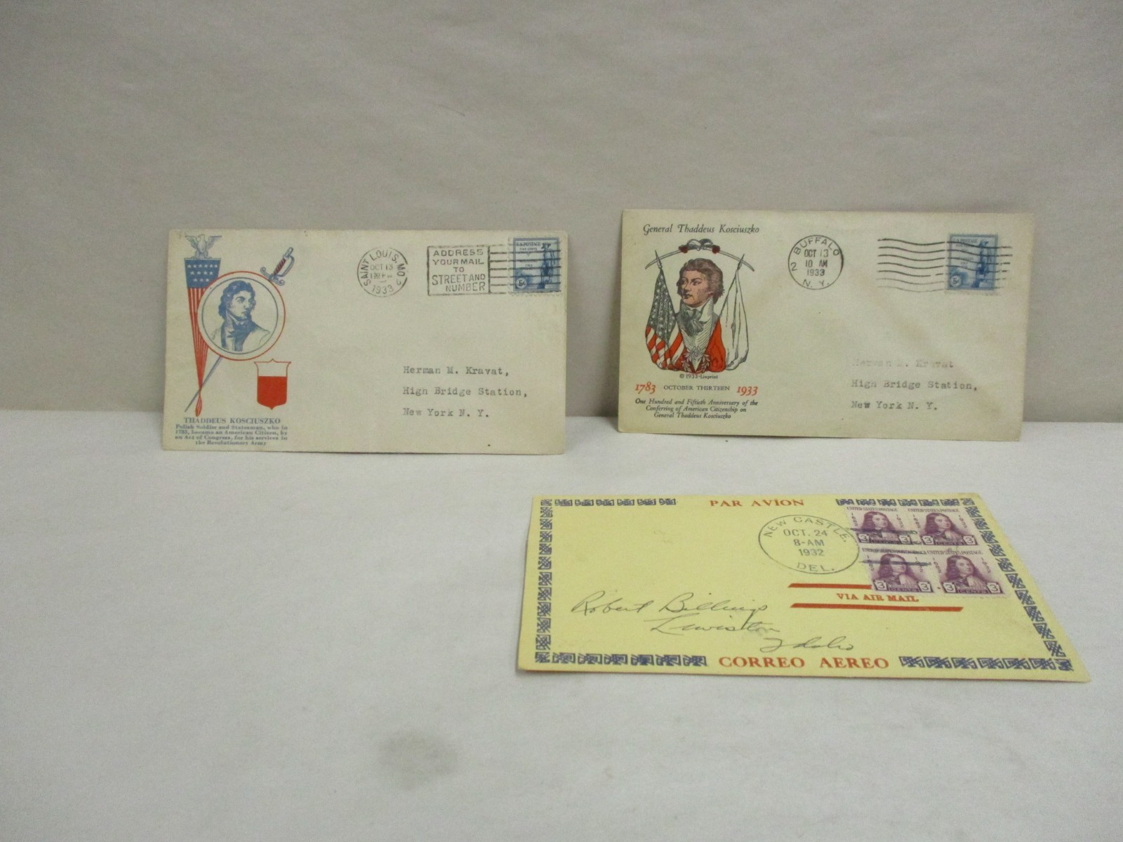 3 FDC First Day Cover 1 Scott #724 William Penn DE 2 Scott #734 Kosciuzko MO NY