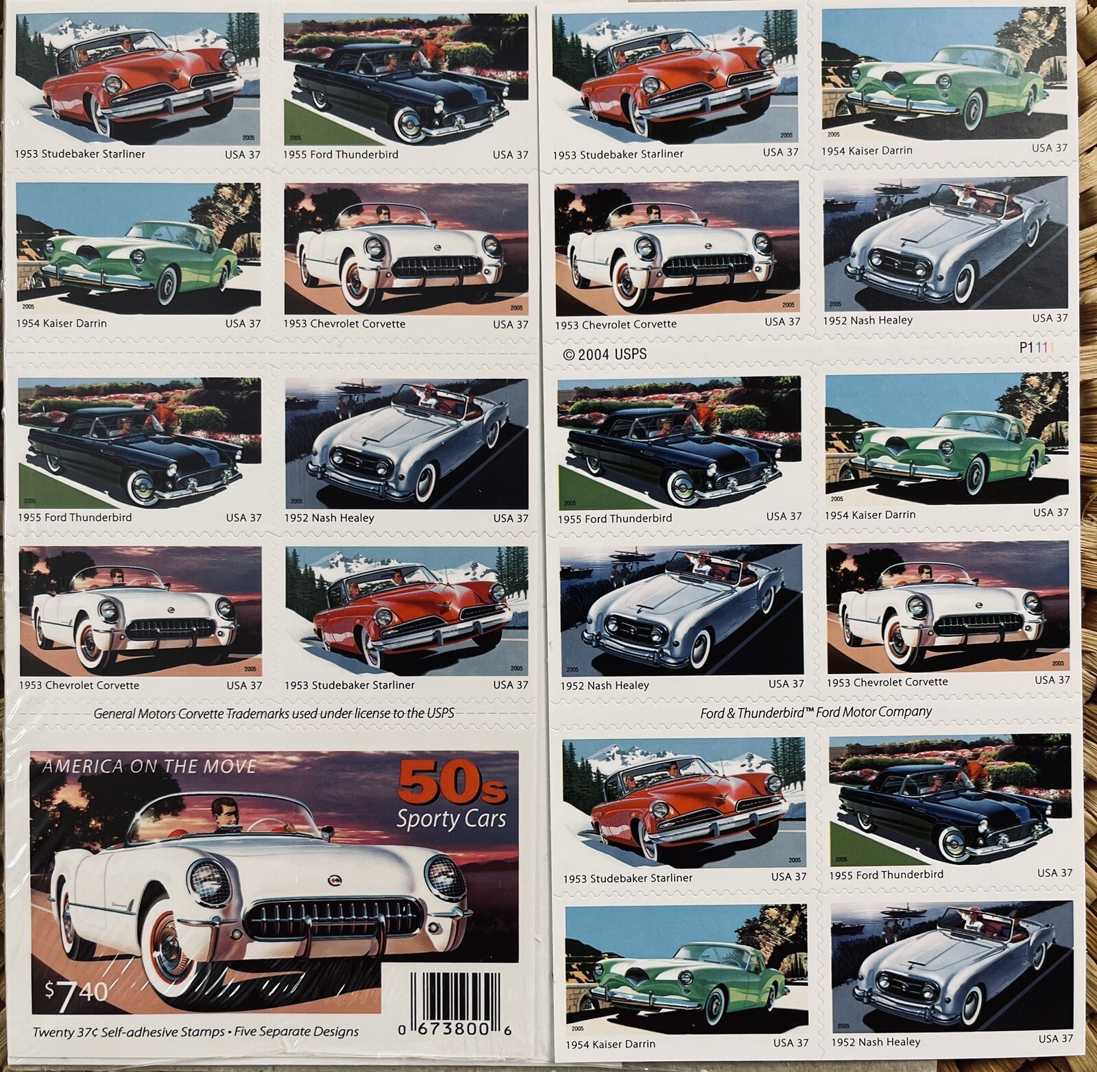 2005 US AMERICA ON THE MOVE 50’s SPORT CARS 2 PANES /BOOKLETS OF 20 STAMPS 37c