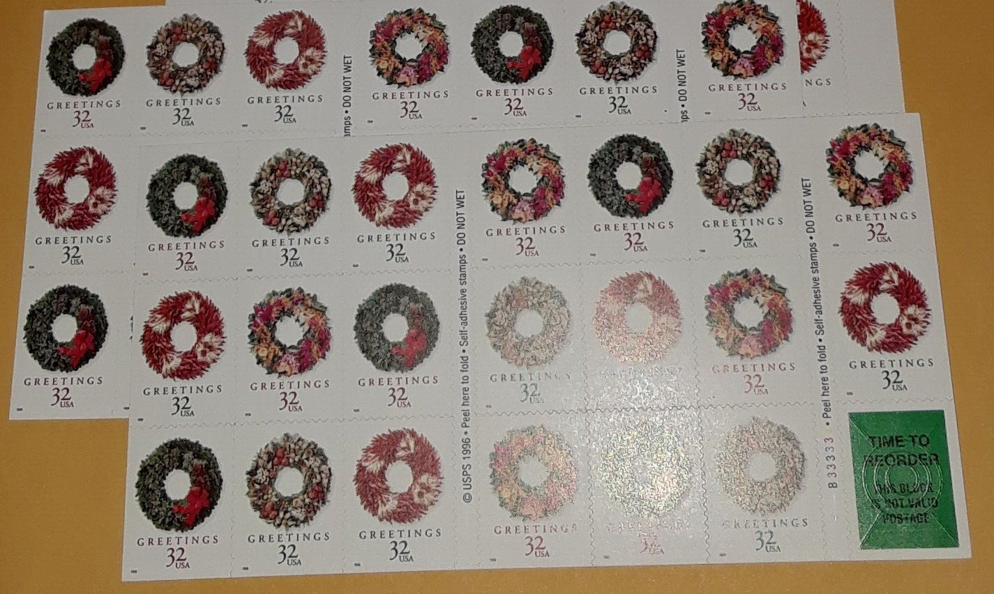 TWO x 20 = 40 of Christmas GREETINGS Wreath Designs 32¢ US Stamps Sc # 3249-3252