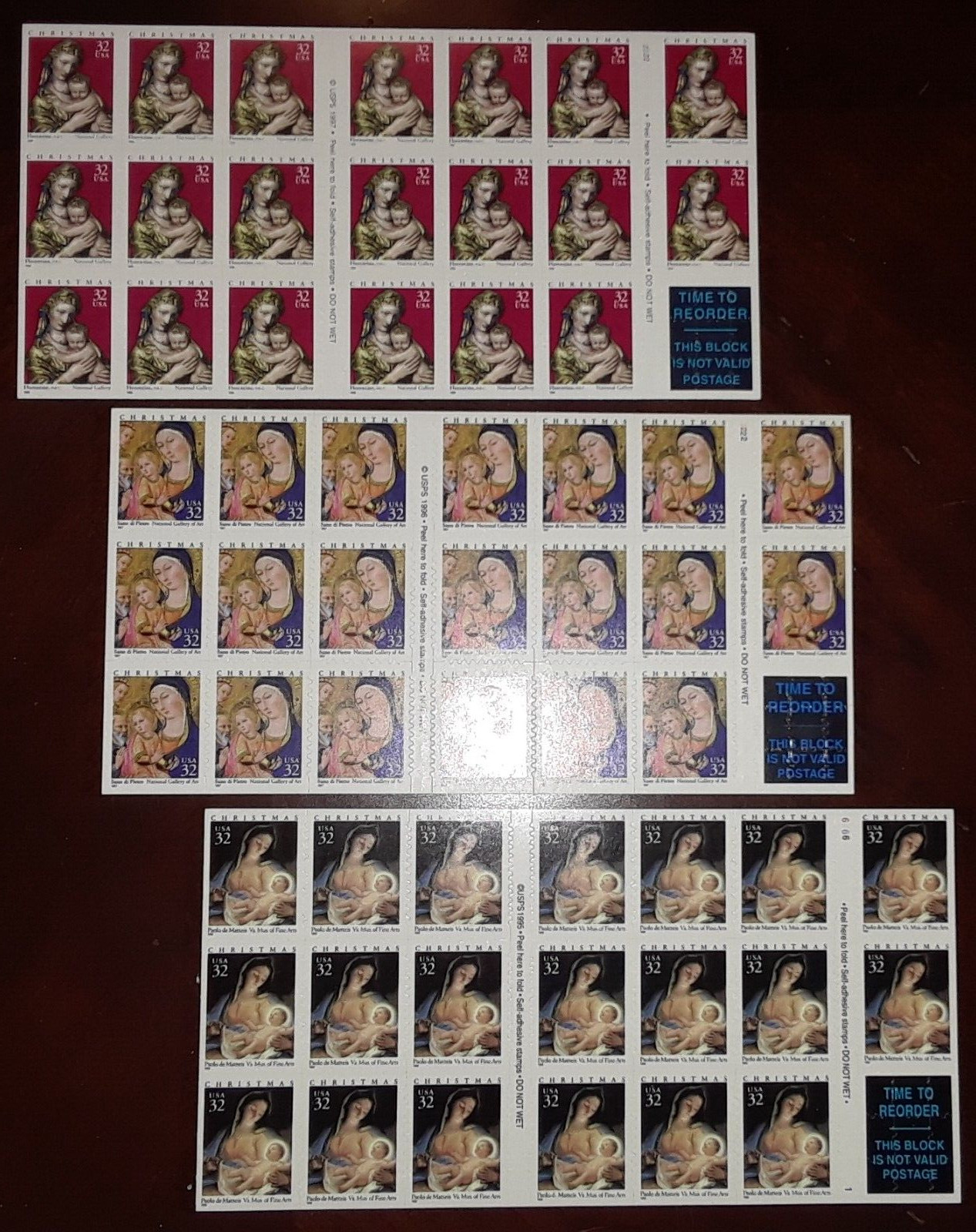 Combo 3×20 = 60 of Christmas MADONNA & CHILD 32¢ US Stamps # 3112a, 3176a, 3244a