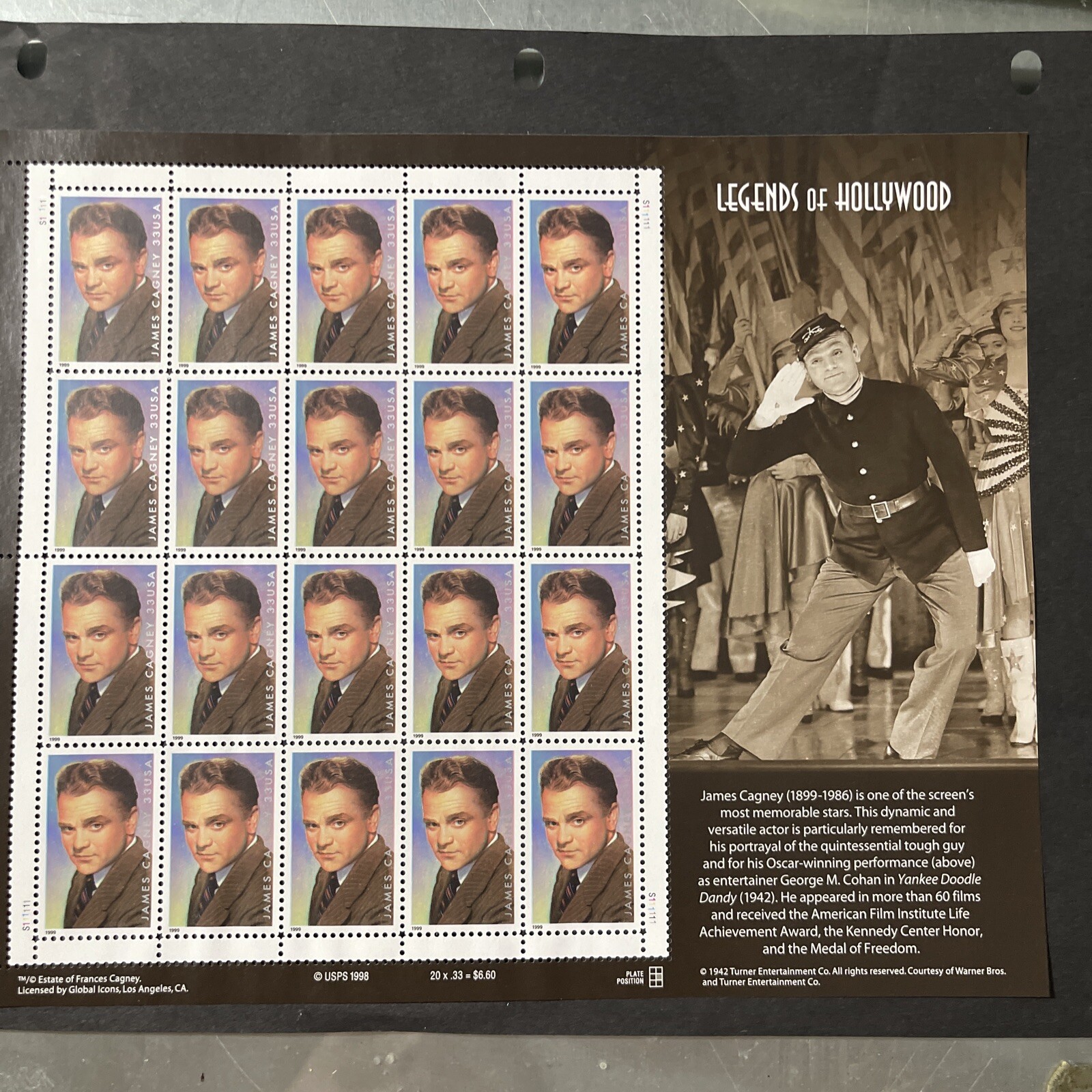 US Scott #3329 33c James Cagney – Pane Of 20 MNH F/VF