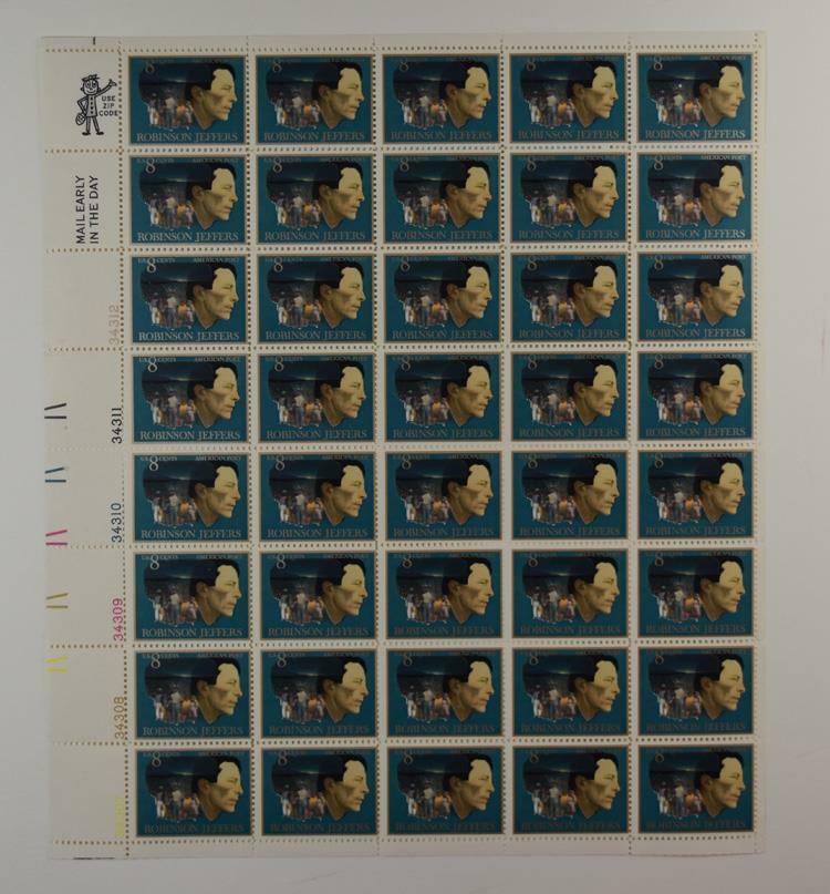 US SCOTT 1485 PANE OF 40 ROBINSON JEFFERS STAMPS 8 CENT FACE MNH