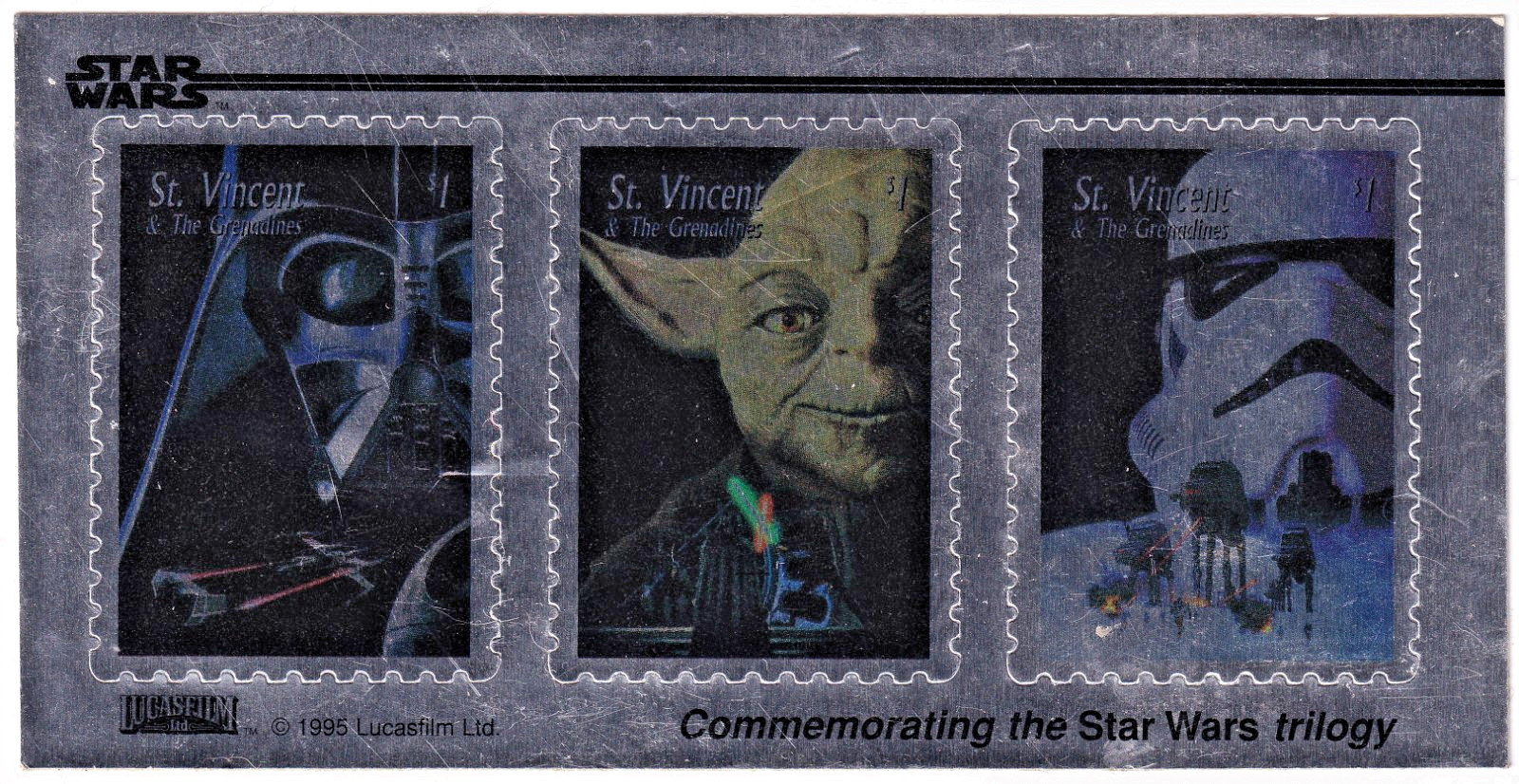 Star Wars Yoda Darth Vader Storm Trooper 1995 Unmailed Silver Postage Stamps
