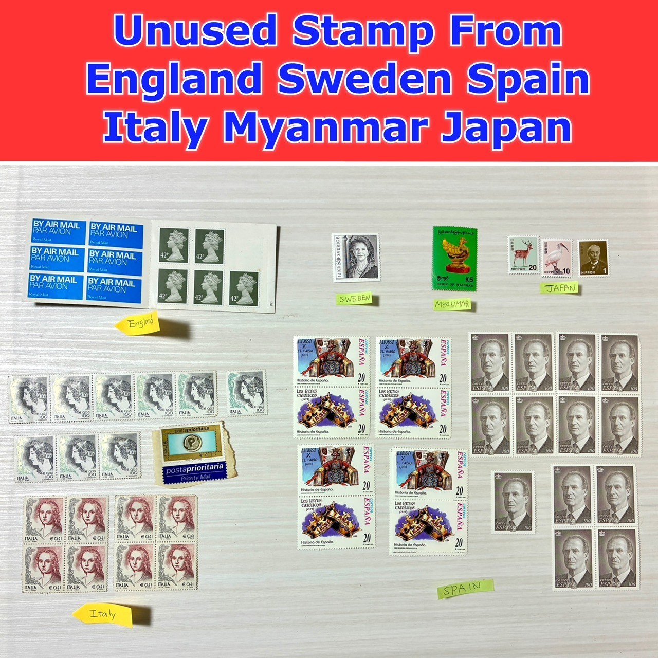 Unused Foreign Postage Stamp Collection – England, Spain, Italy, Sweden, Myanmar
