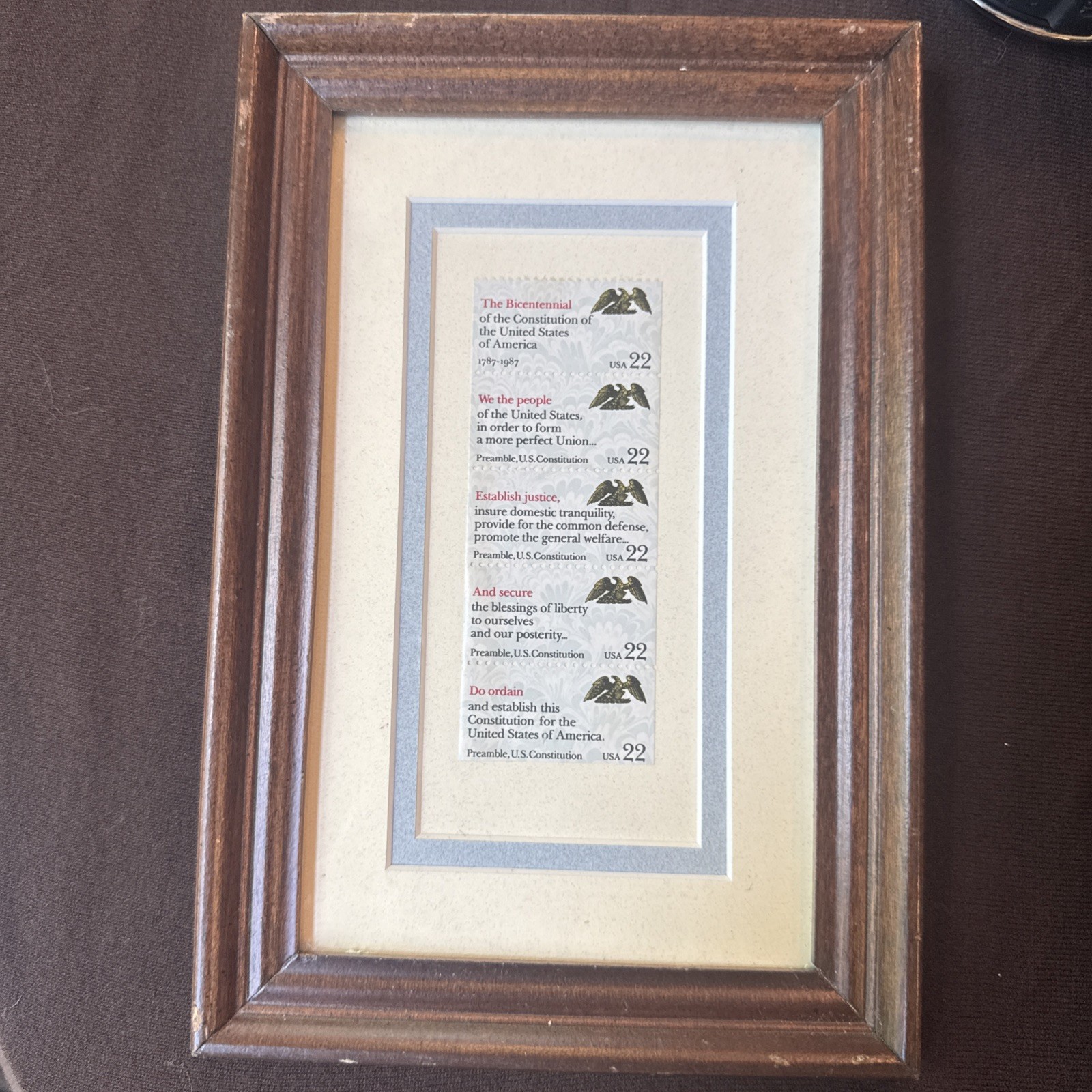1987 US Constitution Bicentennial Framed 22¢ Stamp Strip Matted Display 6×9