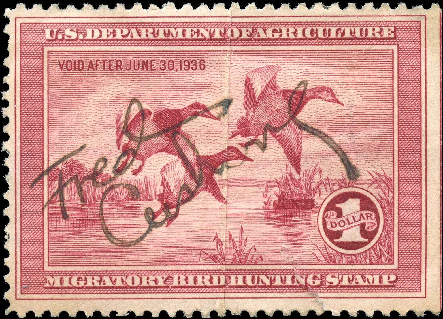USA Used F+ $1.00 Scott #RW2 1935 Migratory Bird Hunting Dept. of Agrculre Stamp