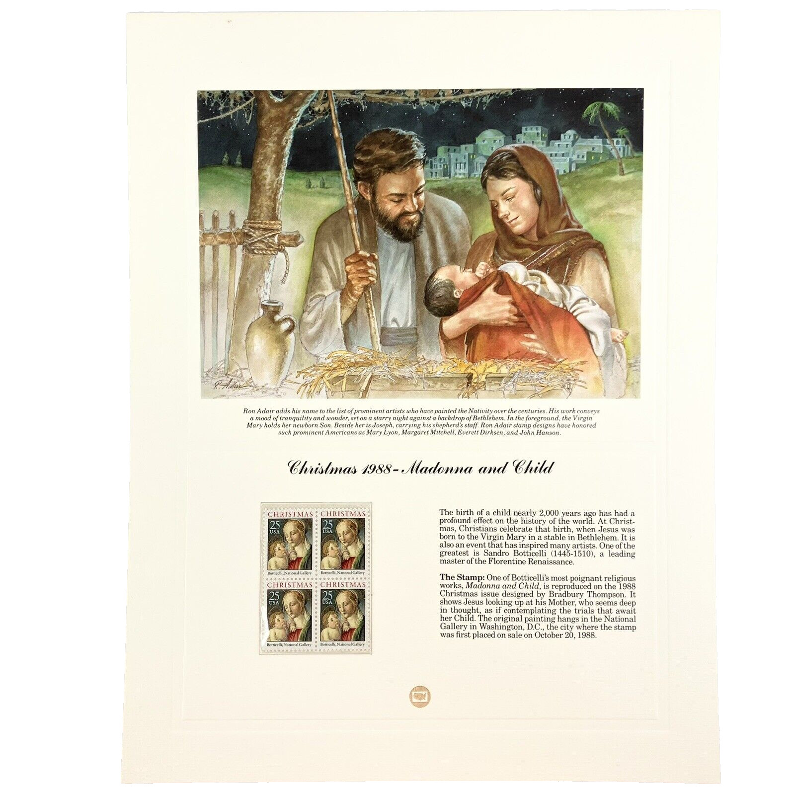 Ron Adair Madonna & Child Christmas Postage Stamp Art USPS Farmable Gift 1988