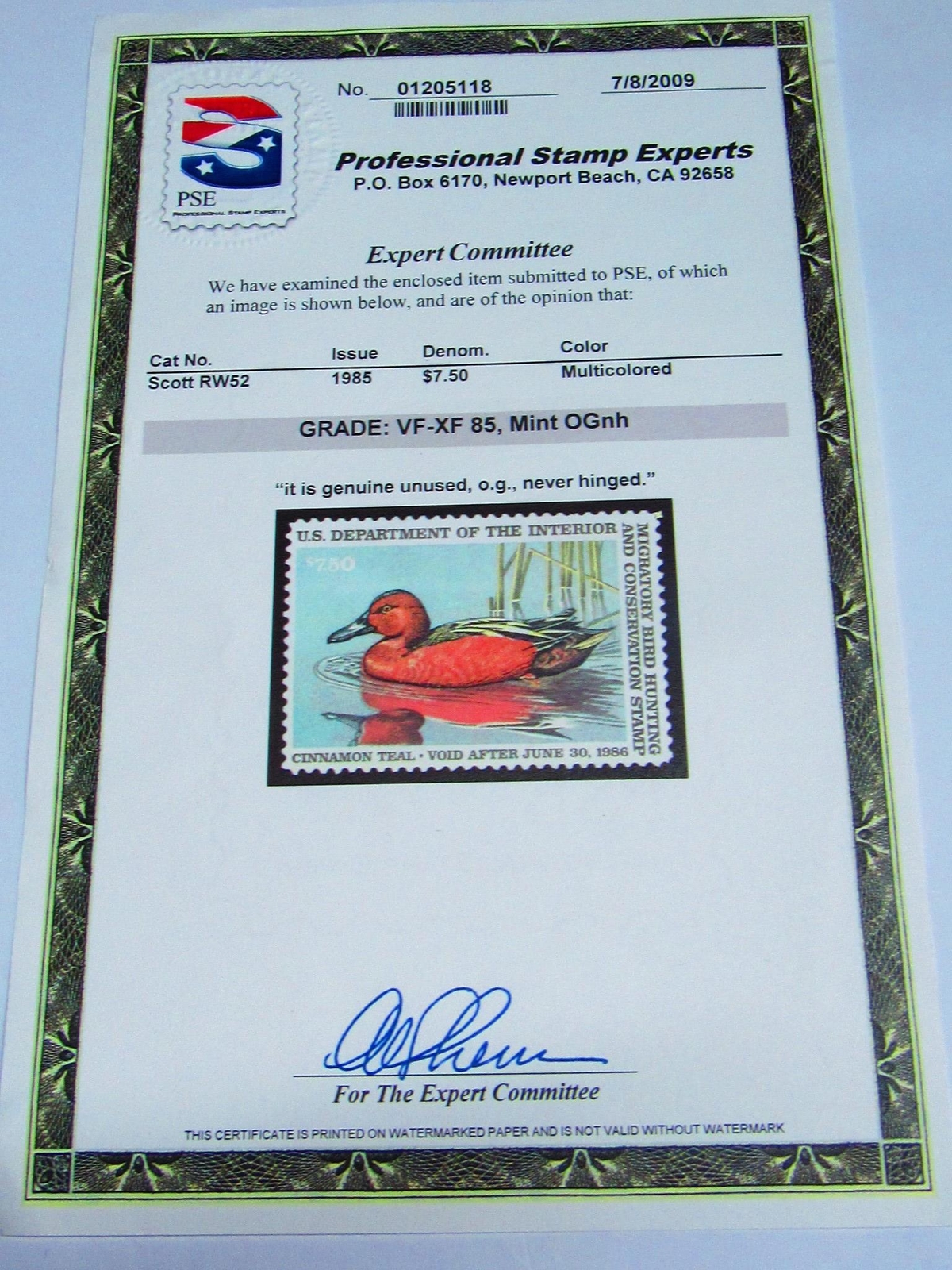 PSE Certified Stamp! 1985 U.S. DEPARTMENT OF INTERIOR $7.50 Stamps STP-114-IB