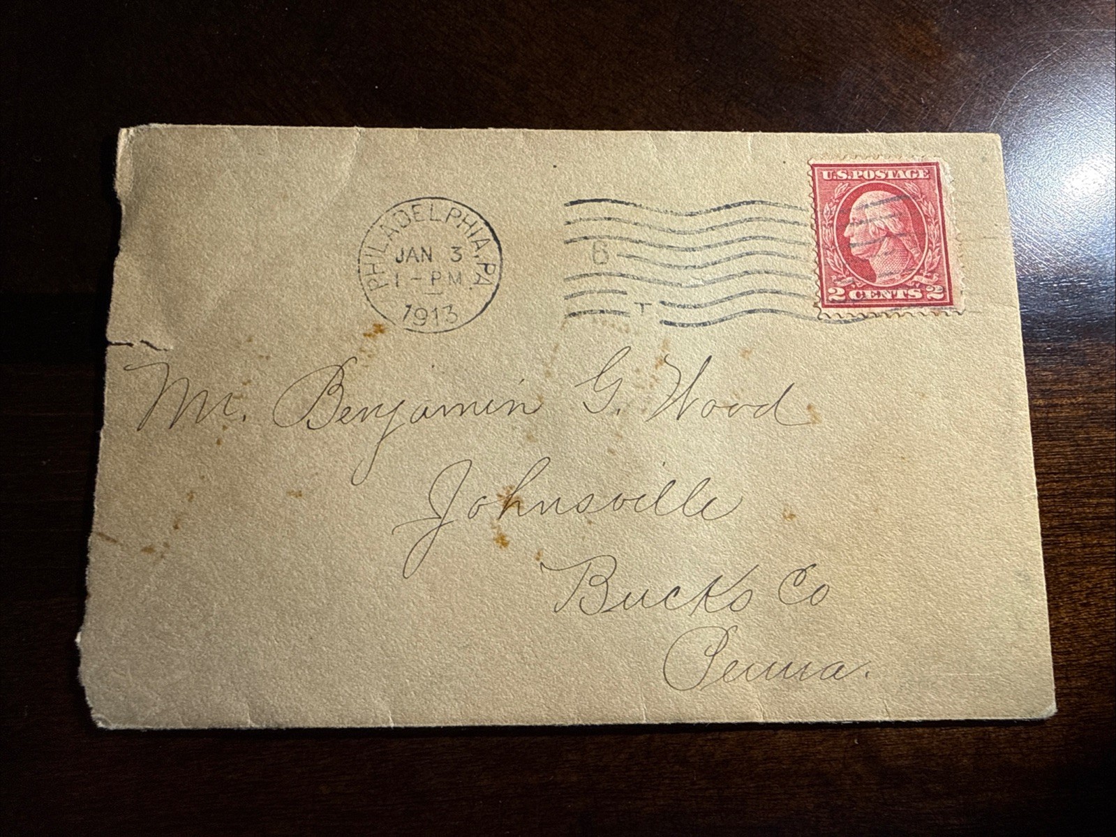 WASHINGTON 2 CENT STAMP ENVELOPE POSTMARKED 1913 Philadelphia, PA