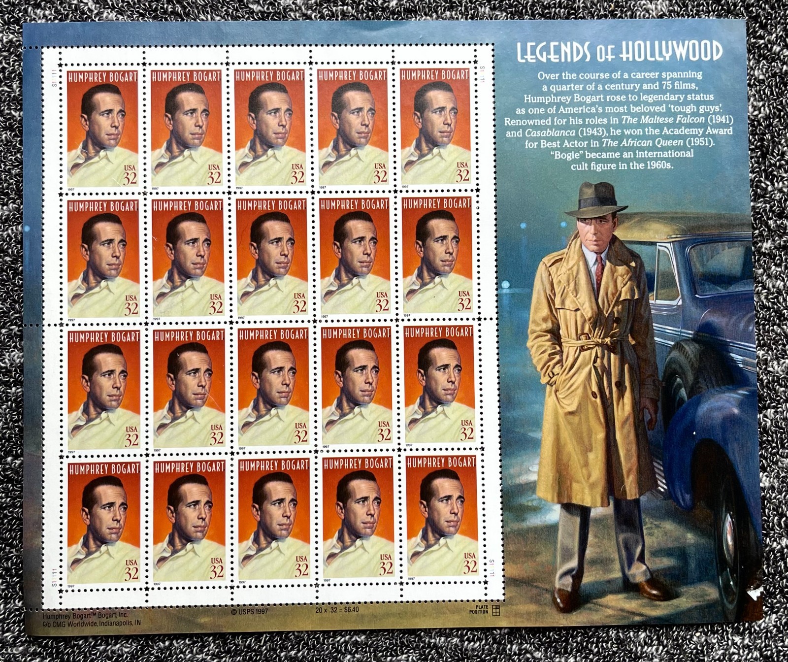 LEGENDS OF HOLLYWOOD 1997 HUMPHREY BOGART Vintage USPS STAMP PAGE 32 cents