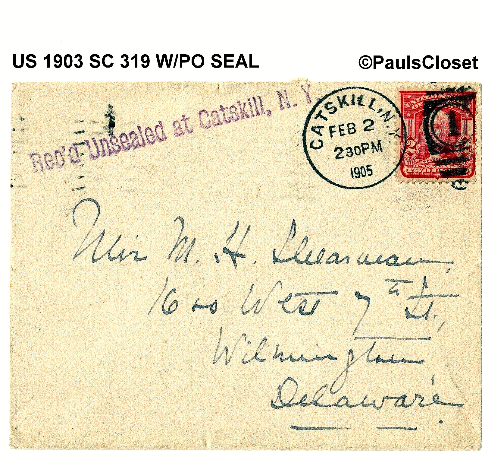 US 1903 SC 319 WASHINGTON CARMINE 2¢ ON A COVER W/ DUPLEX CNX & OX10 SEAL ON BK