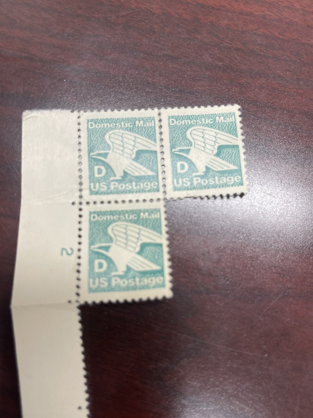 Domestic Mail US Postage D Green Stamp. Block Of 3