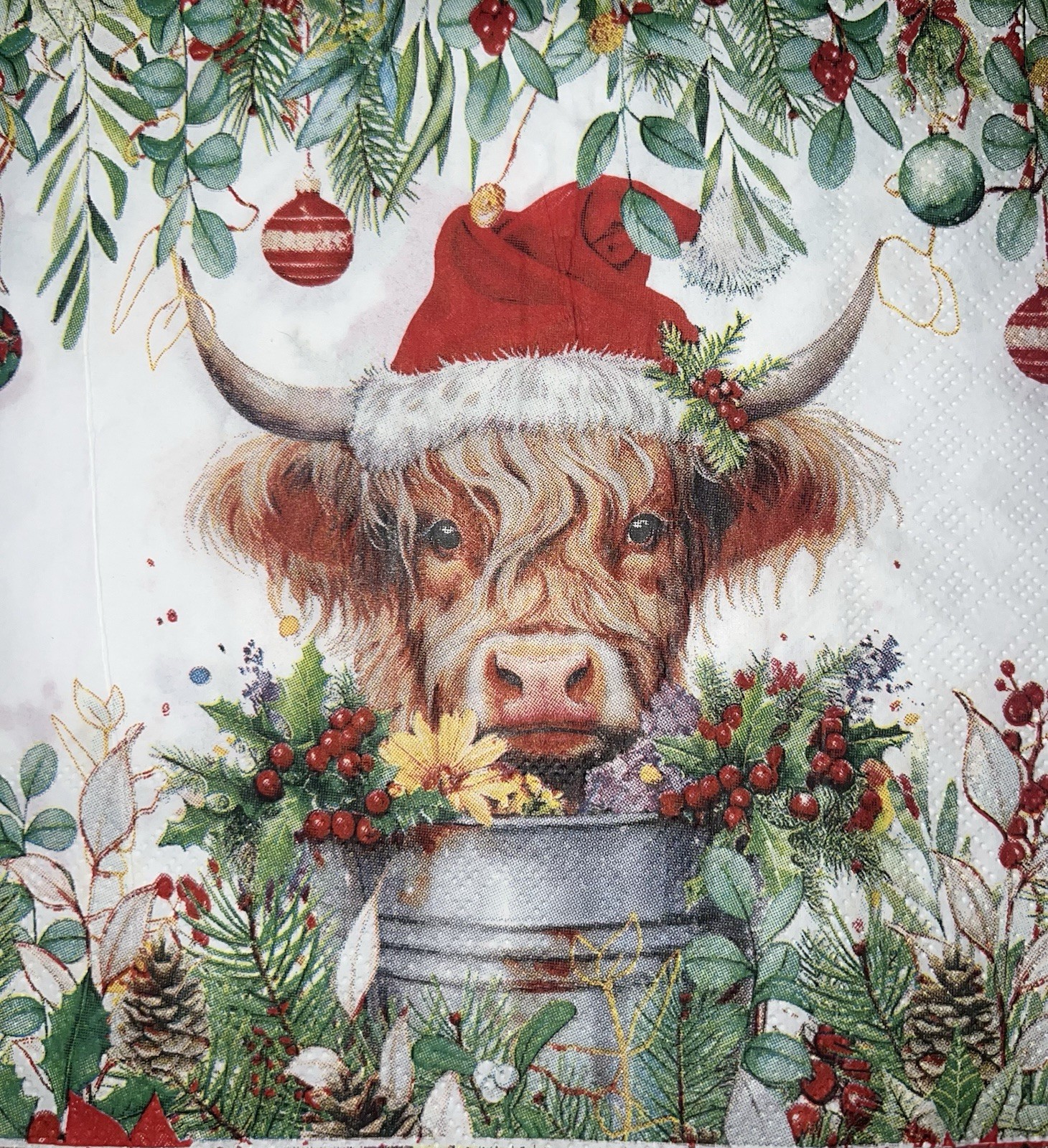 TWO Paper Lunch Napkins Decoupage Christmas Highland Cow Santa/pine Cones 6.5”