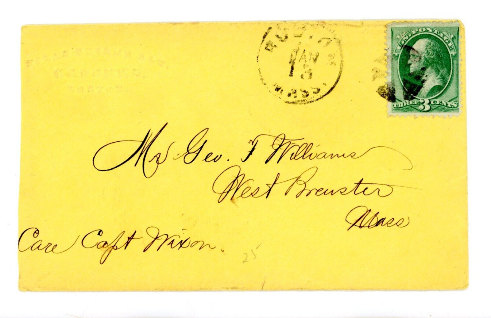 1880’s Envelope Green 3 cent Washington Stamp Silas Peirce Grocer Boston Captain