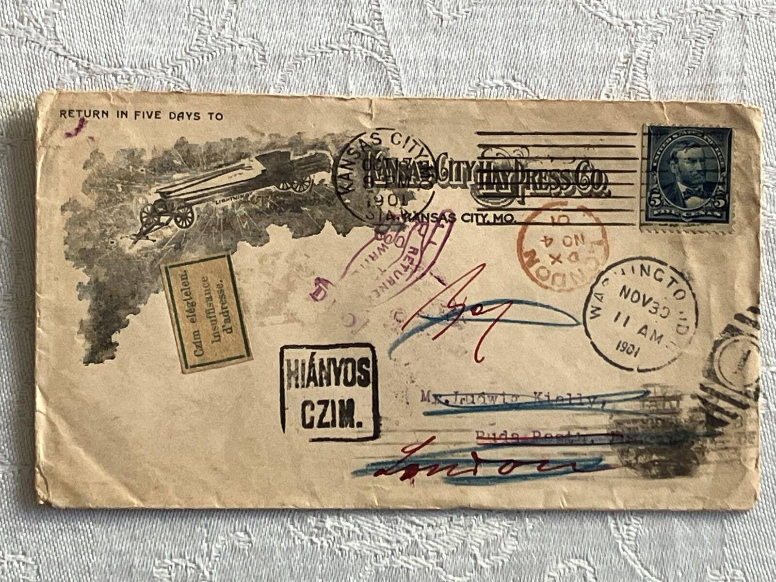 KANSAS CITY HAY PRESS CO. WITH U.S. 5 CENT POSTAGE “GRANT”. NOVEMBER 30, 1901