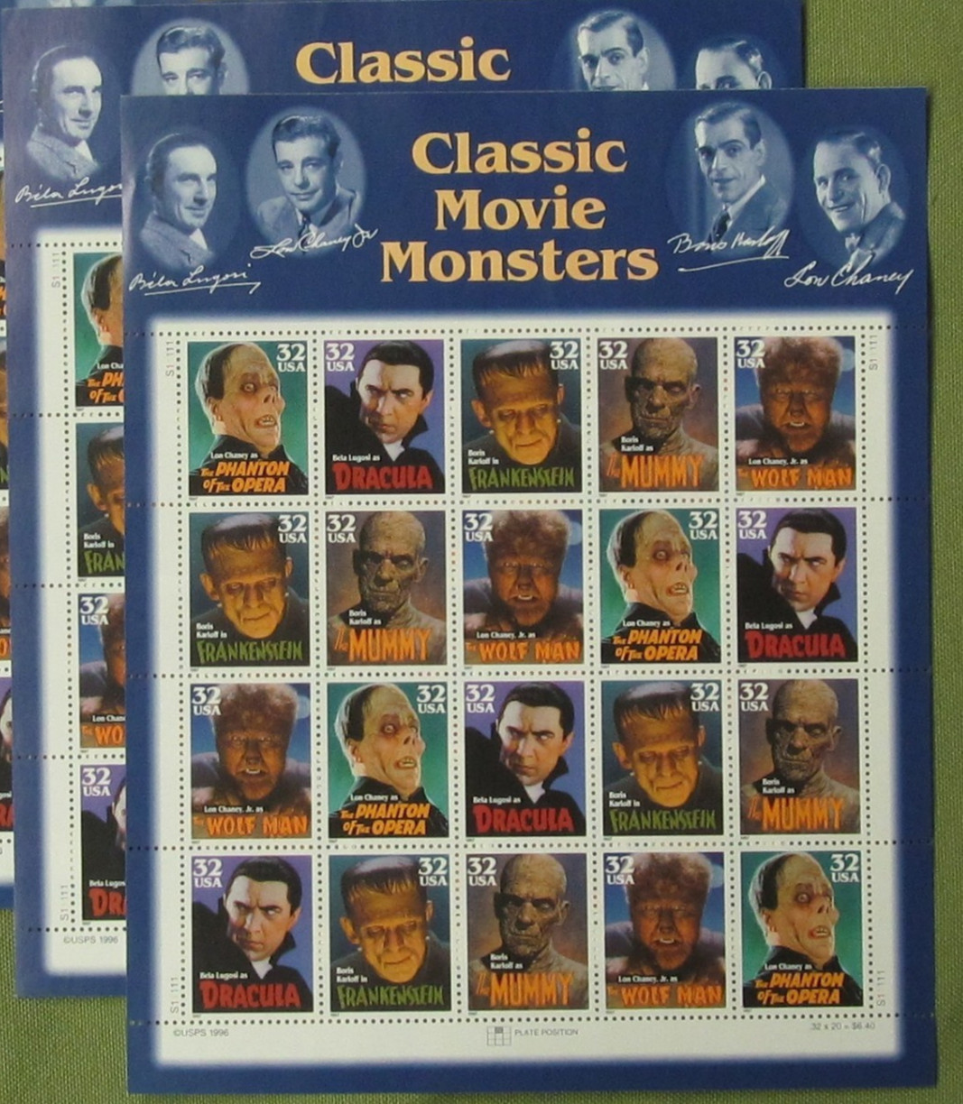 Two Sheets x 20 = 40 of CLASSIC MOVIE MONSTERS 32¢ USPS Postage Stamps 3168-3172
