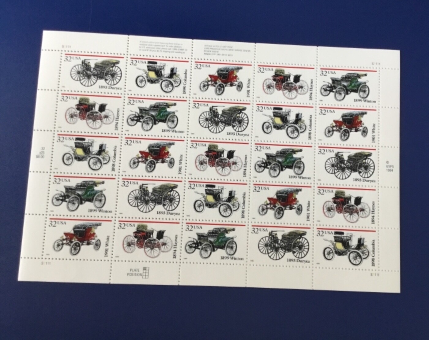 Antique Automobile Stamps – Scott 3019 – 3023 PANE OF 25