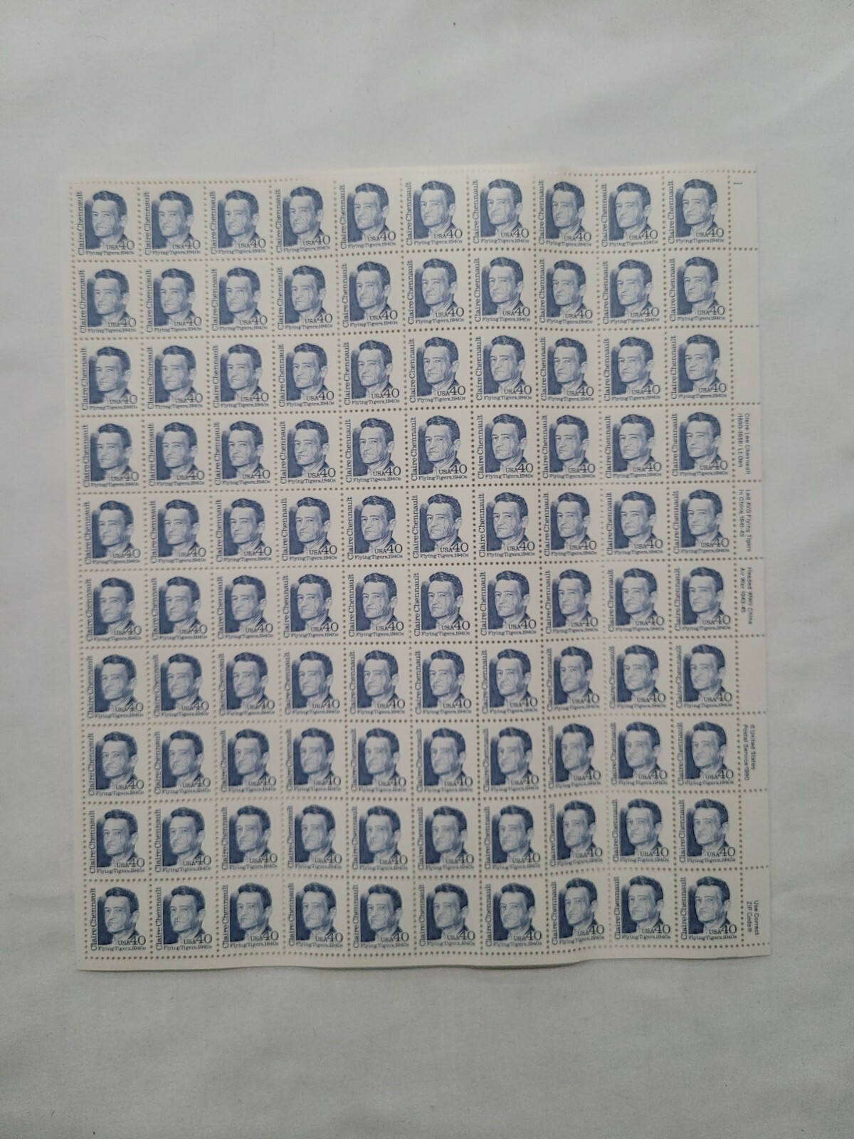US SCOTT 2187 PANE OF 100 CLAIRE CHENNAULT STAMPS 40 CENT FACE MNH