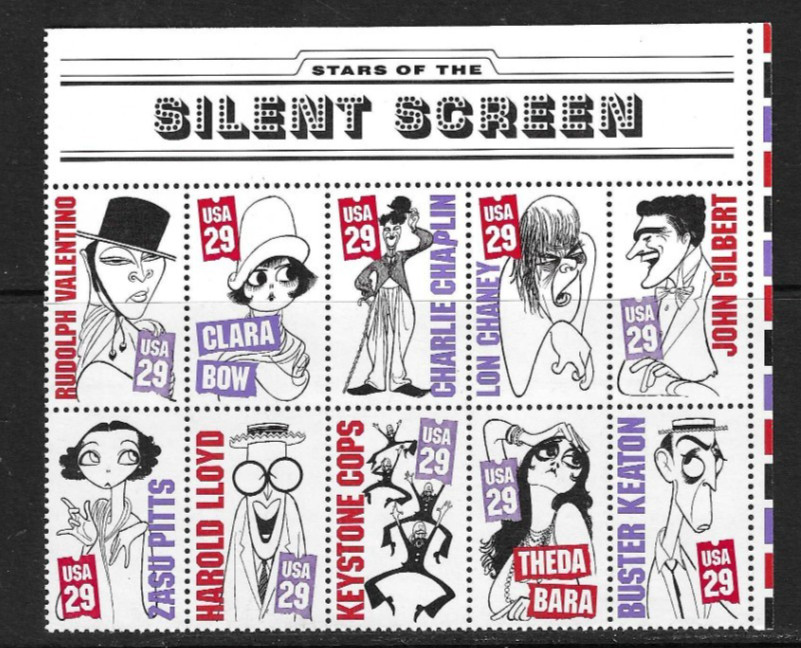 USA SC # 2828a Stars Of the Silent screen Block Of 10 + Label . MNH