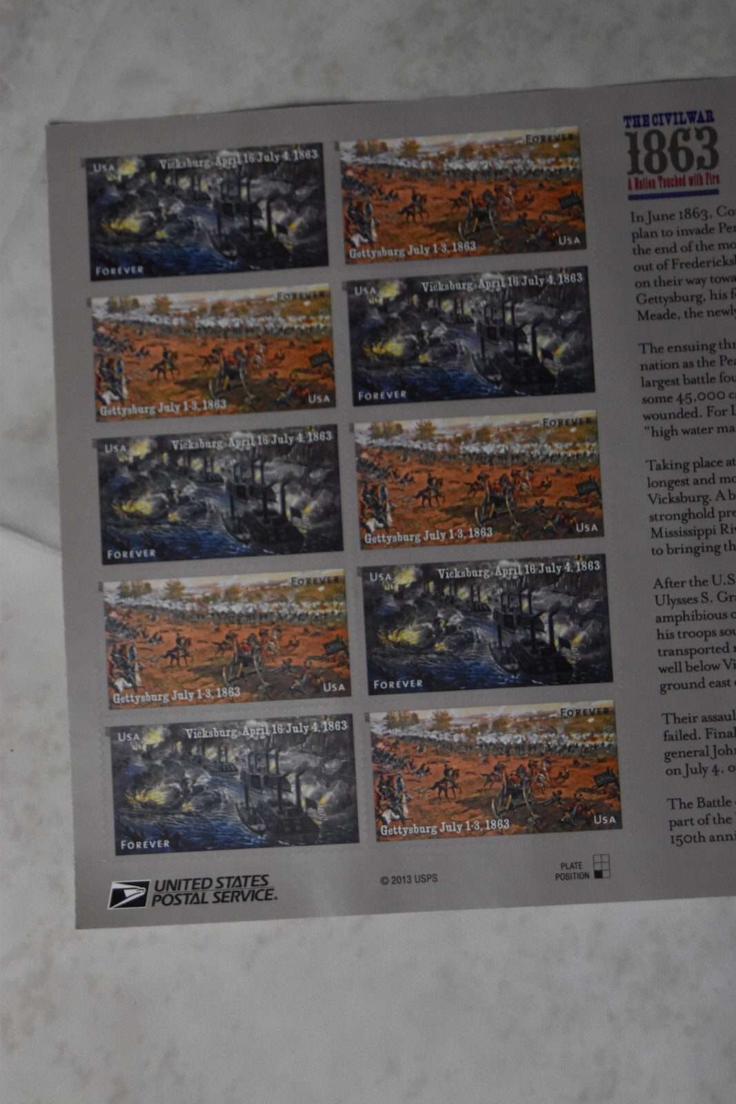 USPS Civil War Stamp Sheet 1863 Gettysburg, Vicksburg issued 2013 uncut