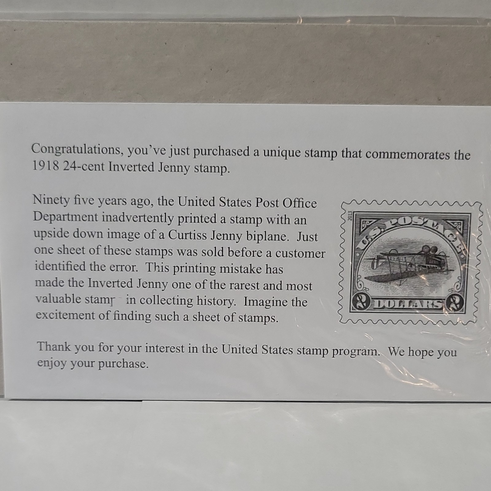 United States 2013 Inverted Jenny 24 Cent Aviation Stamp, Single MNH