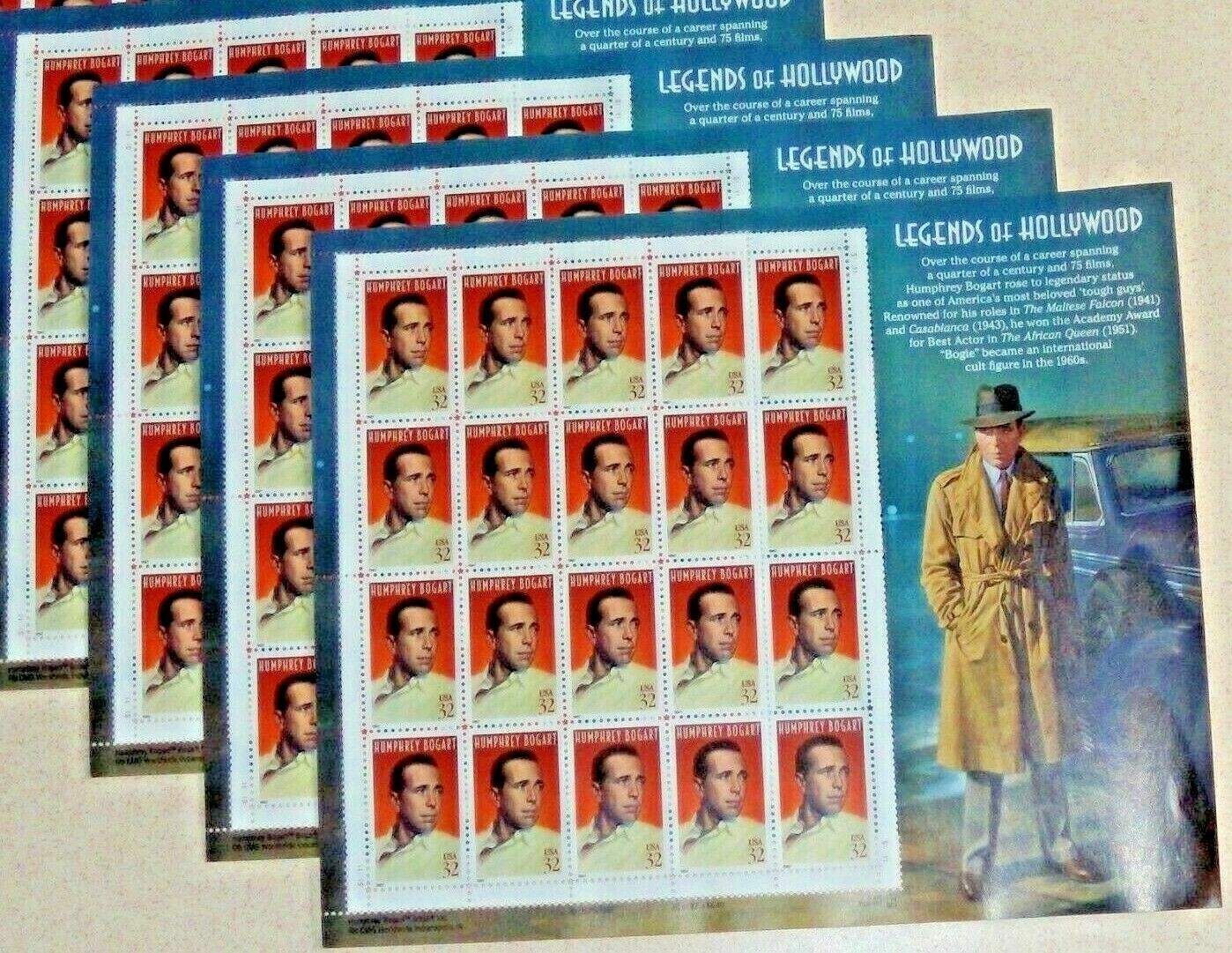 Four x 20 Legends of Hollywood HUMPHREY BOGART 32¢ US Postage Stamps USA Sc 3152