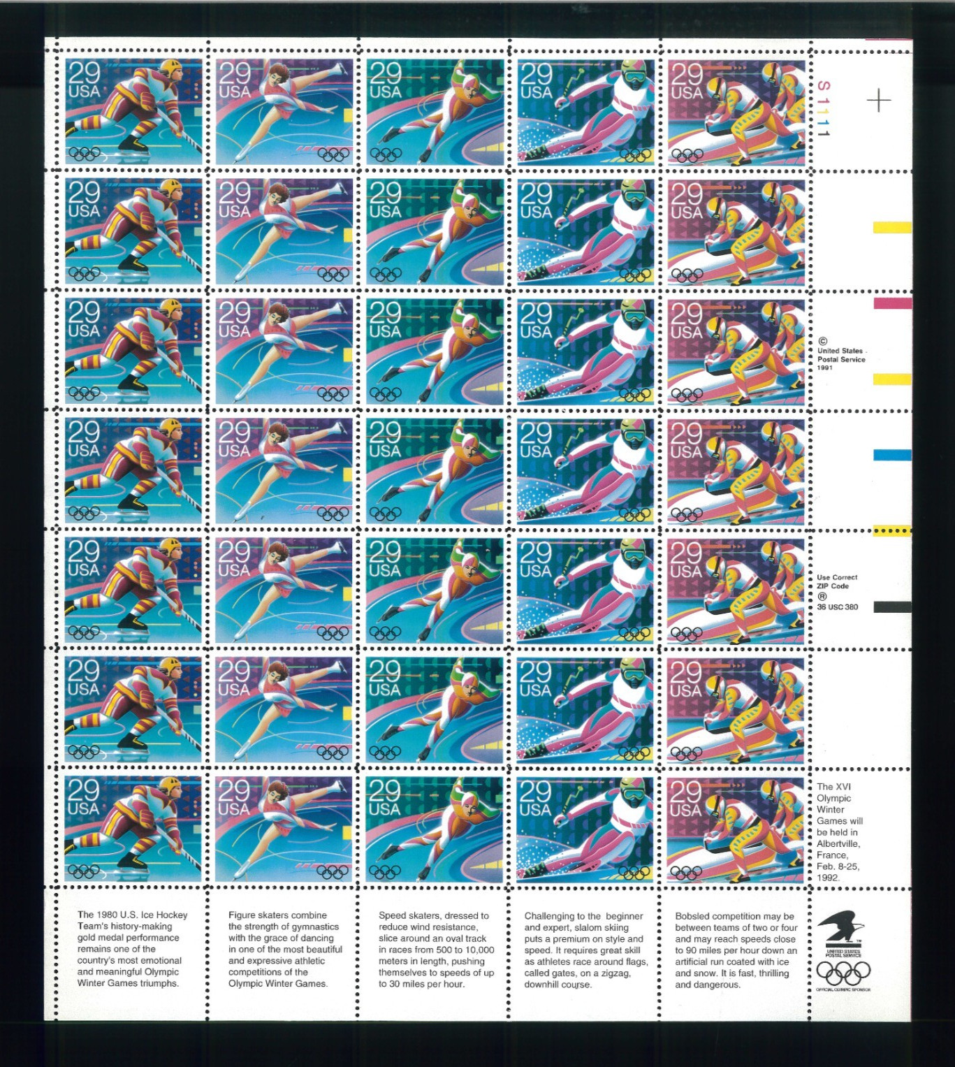 United States 29¢ Winter Olympics Postage Stamp #2611-15 Full Sheet