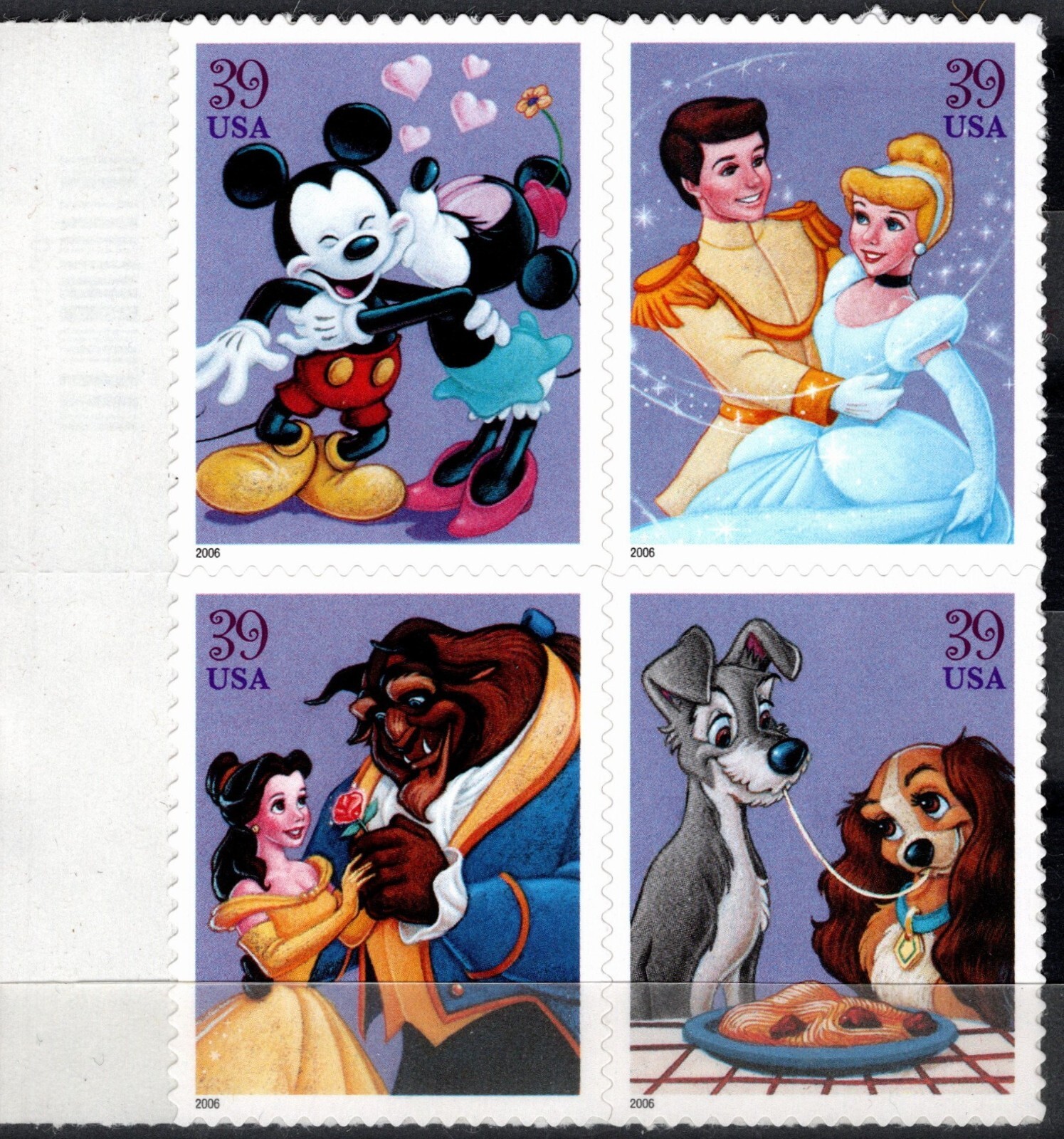 USA 2006 DISNEY ROMANCE BLOCK OF 4 MICKEY & MINNIE, LADY & TRAMP SC 4025-28 MNH