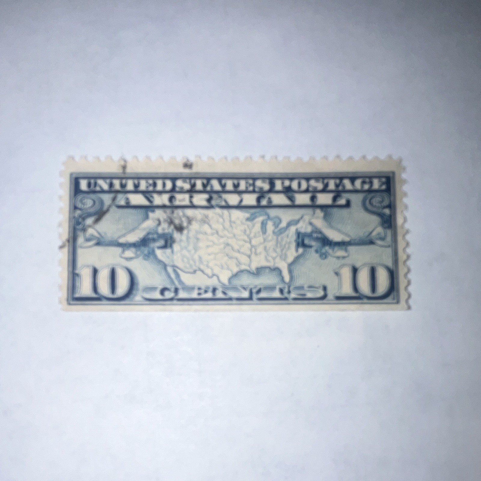 US 10 Cent Map Postage Stamp Single, Blue, Used, Uncertified, Ungraded