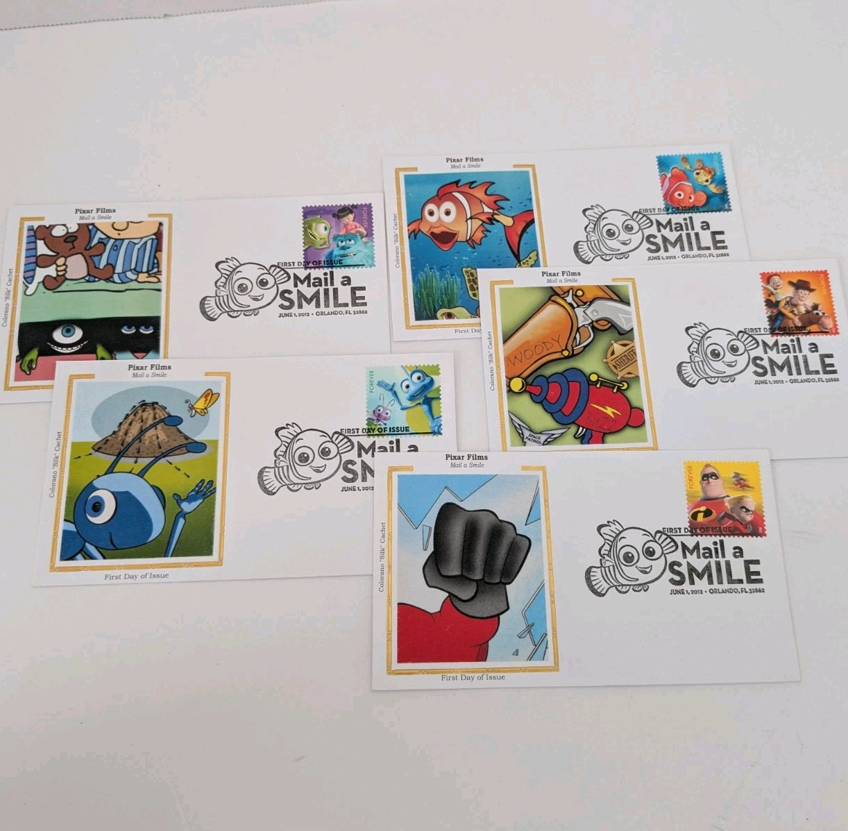 Pixar Films First Day Postage Stamp Lot of 5 Incredibles, Nemo, Ants, Toy Story