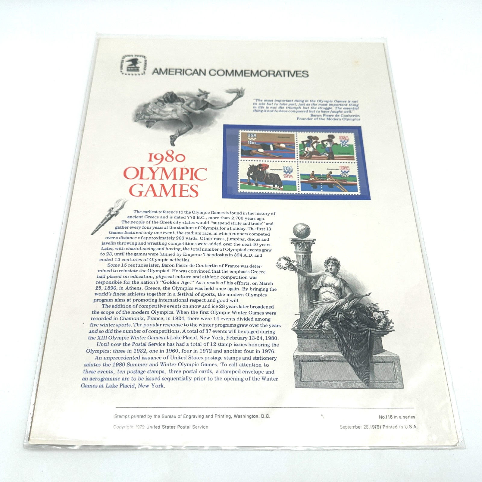 1979 USPS 1980 Olympic Games – American Commemoratives Stamp Sheet