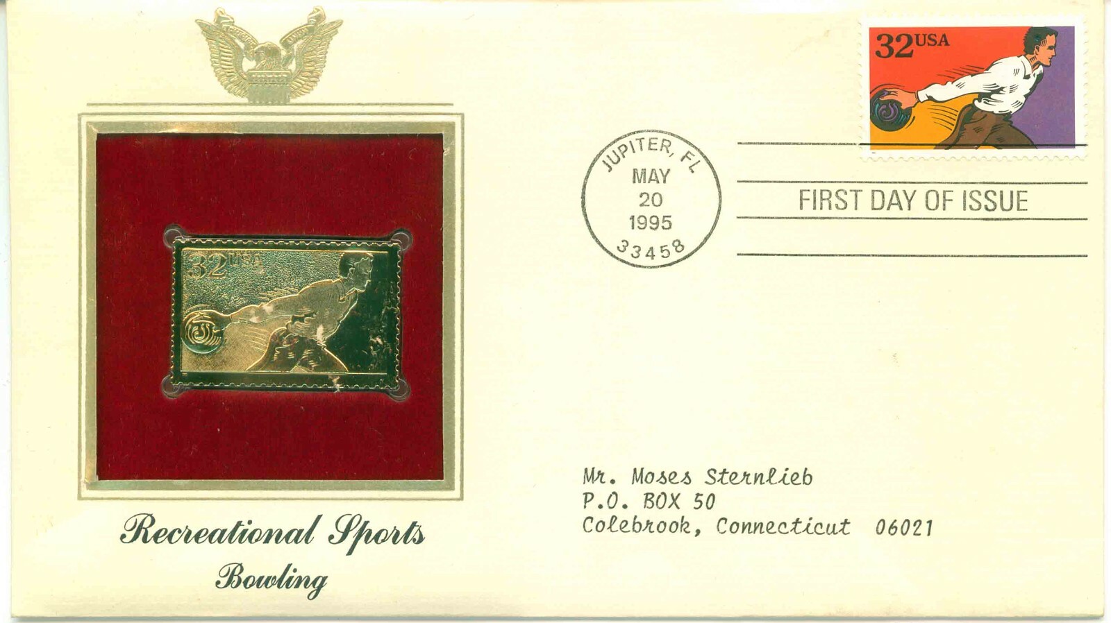 First Day Of Issue May 20 1995 Jupiter FL 22kt Gold Replica Sports Bowling