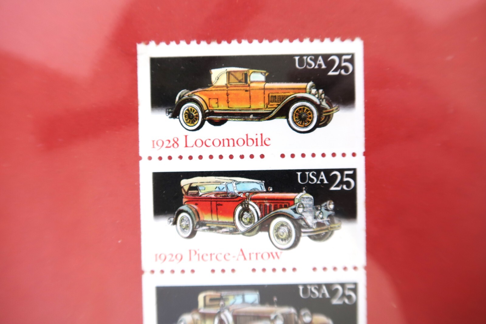 Vtg 5 Stamps Packard Cord Duesenberg Pierce Arrow Locomobile Unused Framed 1988