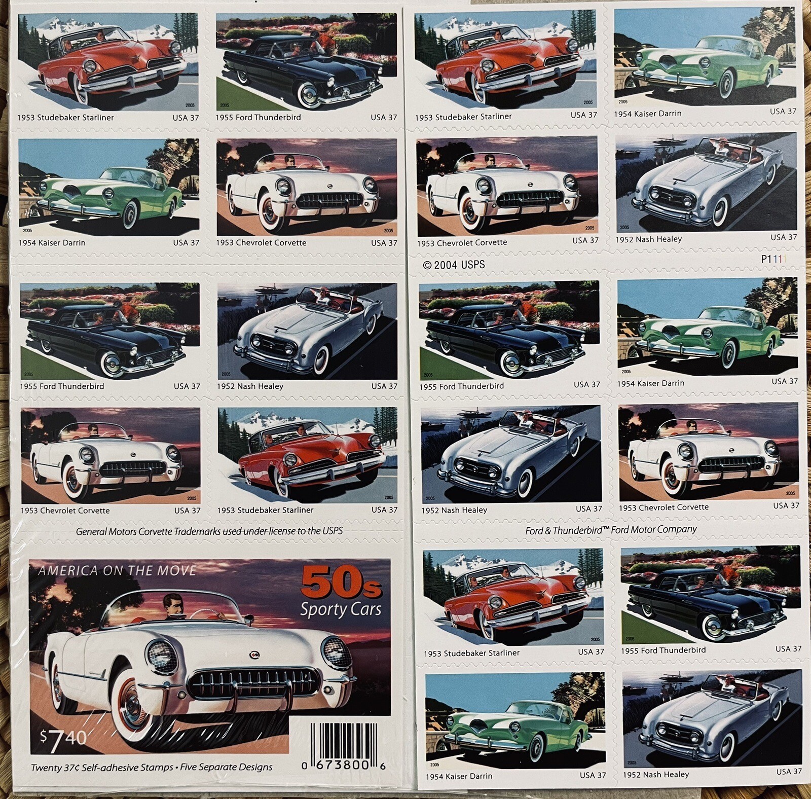 2005 US AMERICA ON THE MOVE 50’s SPORT CARS 2 PANES /BOOKLETS OF 20 STAMPS 37c