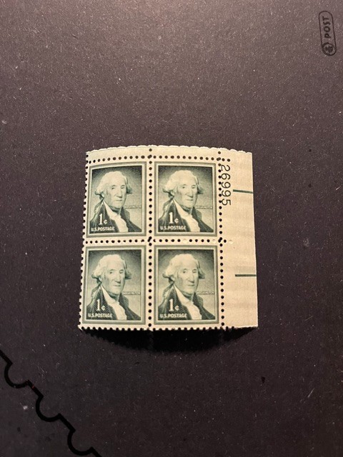 Scott #1154. 1c George Washington Liberty Issue plate block of 4. Green. MNH.