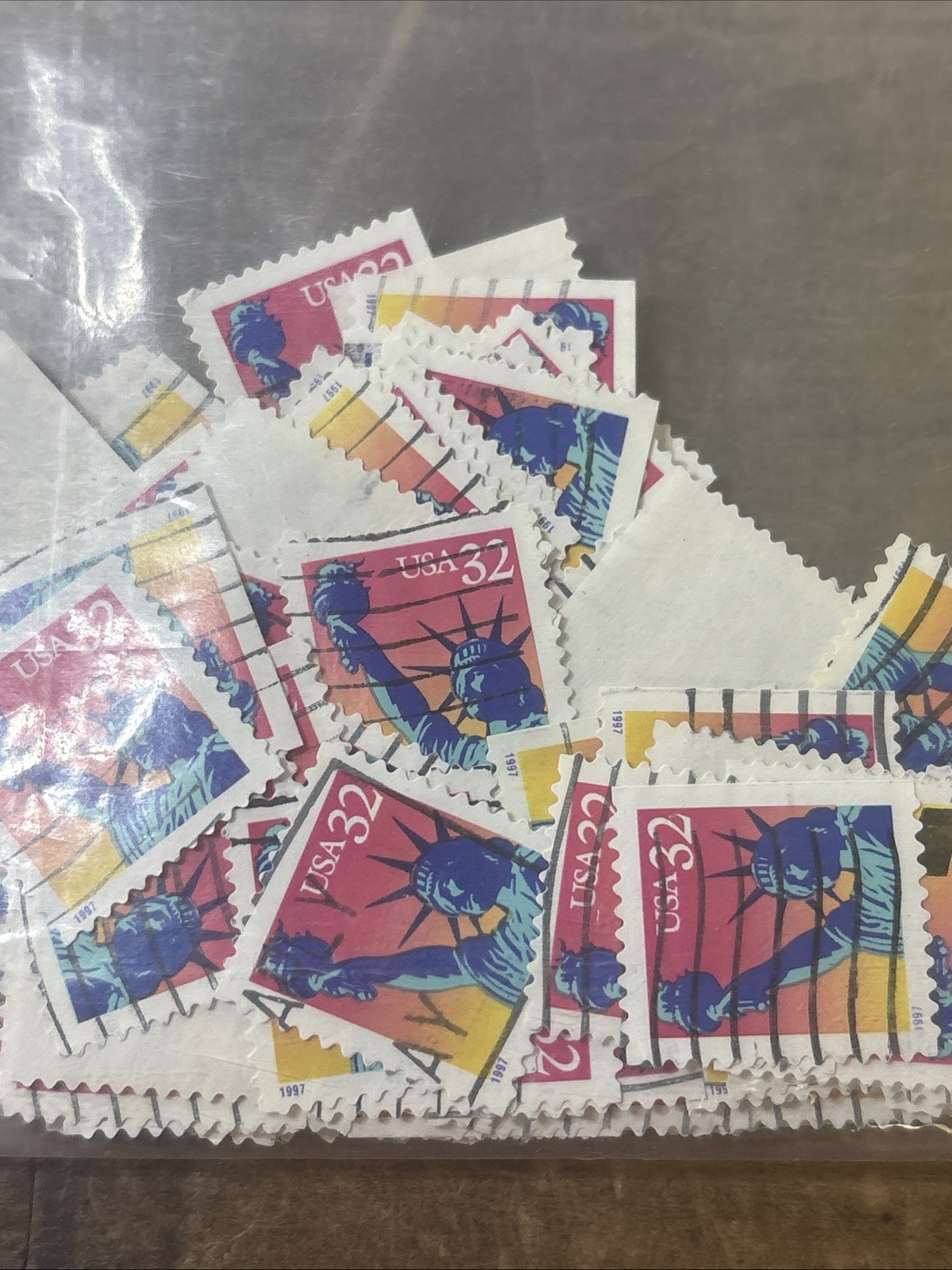 Large Lot 32 Cent Stamps Yellow Rose, Flag, Statue Of Liberty Used