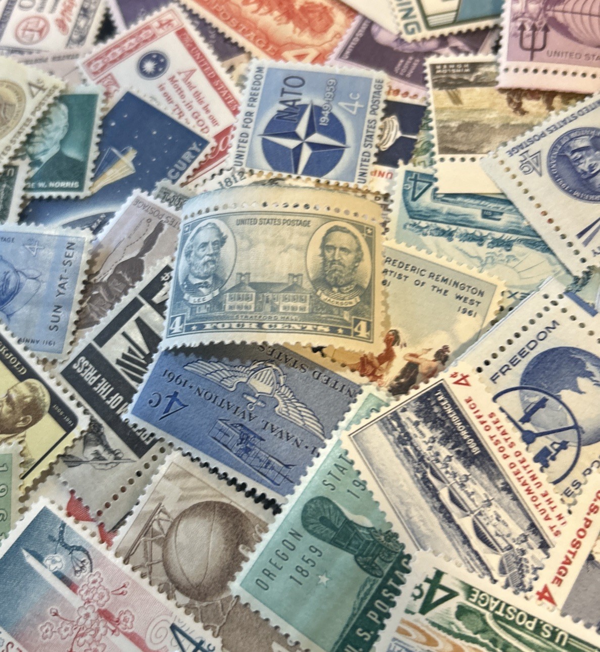 50 MNH OLD All Different Vintage 4 cent stamps–some Over 80 Years Old