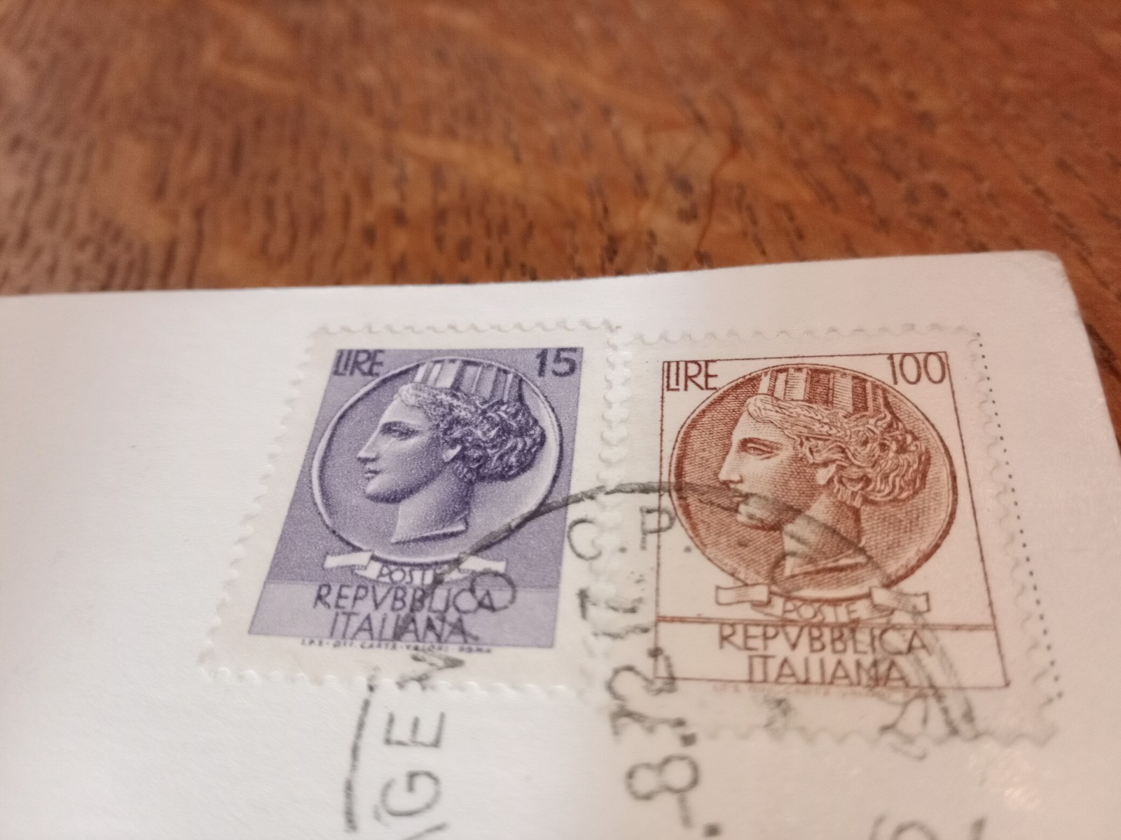 Italian Stamps Lire 100 and 15 on Post Card Watermarks