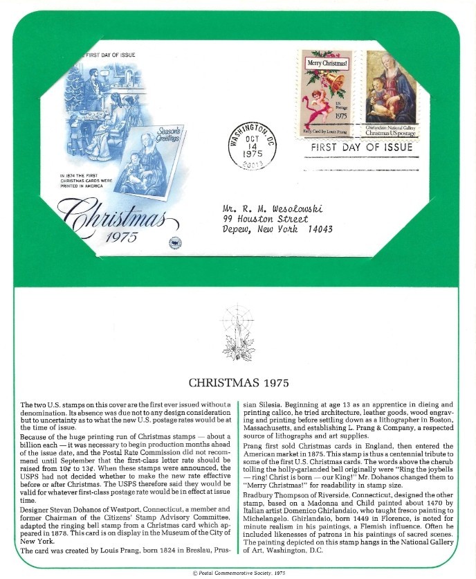 First Day Stamp Issue Christmas ’75 Scott 1579 1580 Postal Commemorative Society