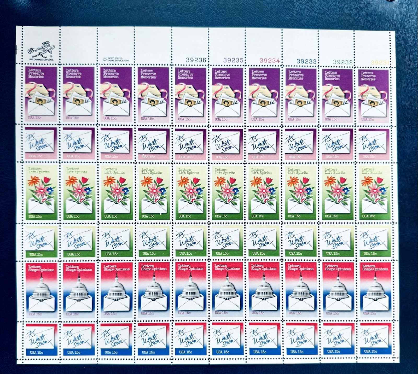 SoCo Stamps US Scott #1805-1810 Pane of 60 LETTER WRITING Sheet MNH
