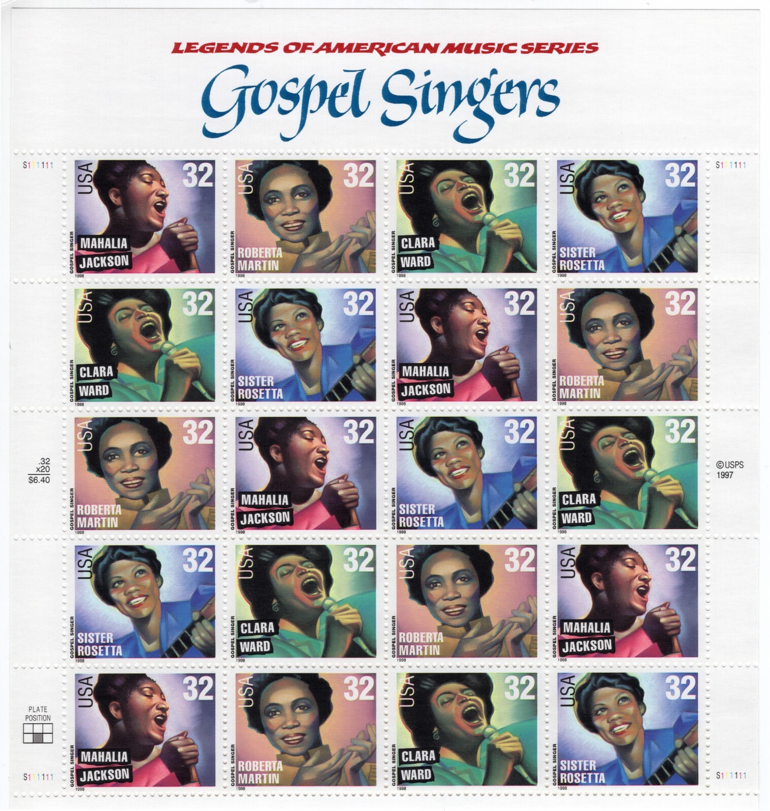 US 1998 SC 3216-3219 32c Legends American Music Gospel Singers Sheet of 20 MNH