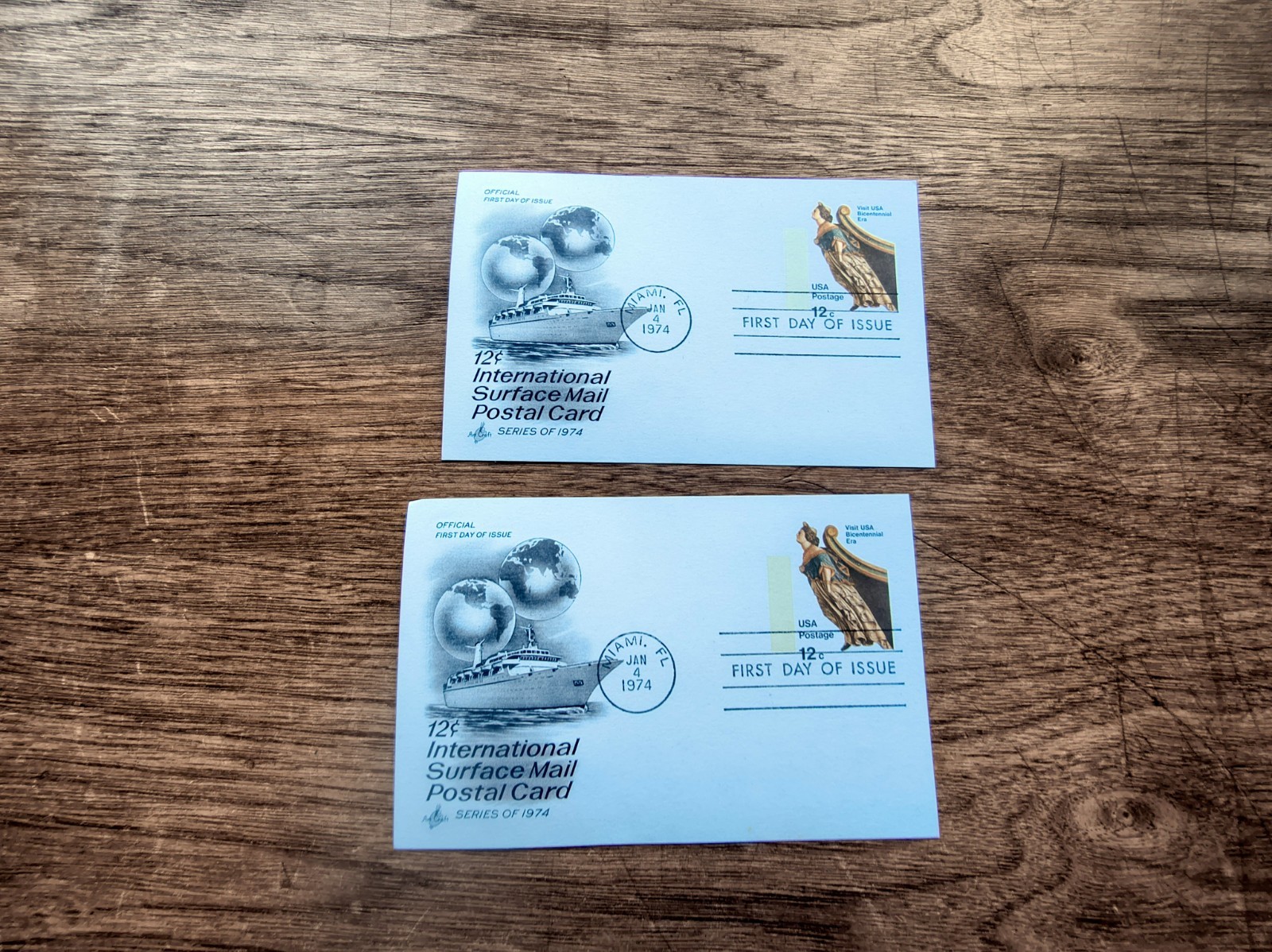 Lot of 2 1974 FDCs: # UX67 12c “Ship’s Figurehead” 12 CENT POSTCARD 2 singles