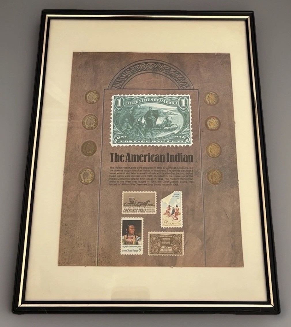 Vintage “The American Indian” Framed Stamp & Coin Collection Display