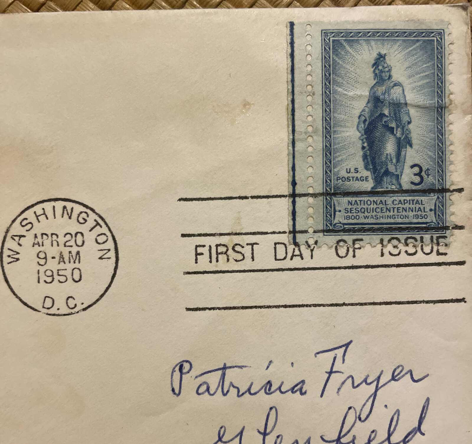 1950 Statue of Freedom 3 Cent U.S. Stamp Washington DC sesquicentennial Cover