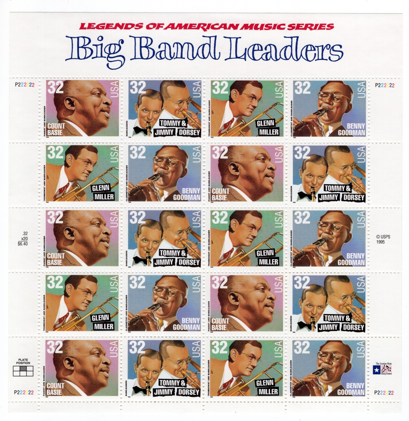 US 1996 SC 3096-3099 32c American Music Series, Big Band Leaders Sheet of 20 MNH